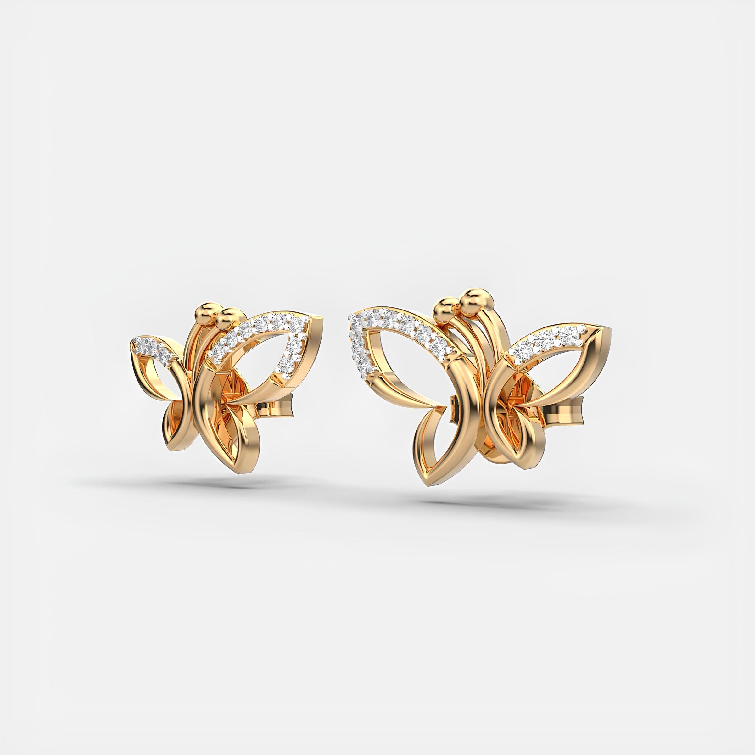 14K Solid Gold Stud Earrings EF VS/SI Lab-Grown Diamond Dancing Butterflies Design Minimalist Diamond Earrings, Perfect Christmas Gift