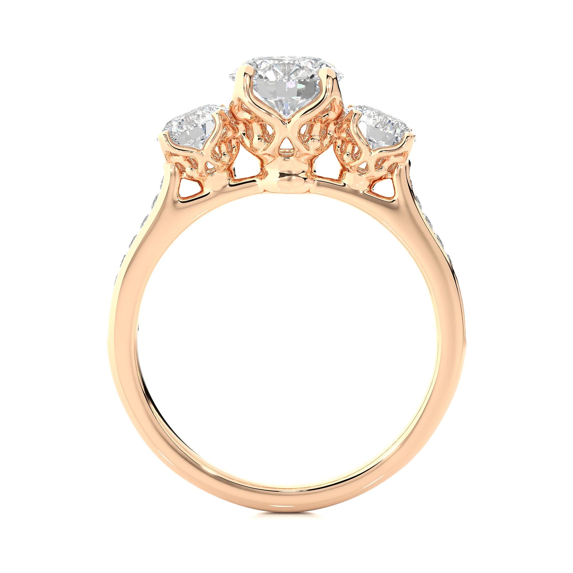 Unique Round Three-Stone Wedding Ring – IGI Certified EF VS/SI Lab-Grown Diamond Engagement Ring in 14K Real Gold