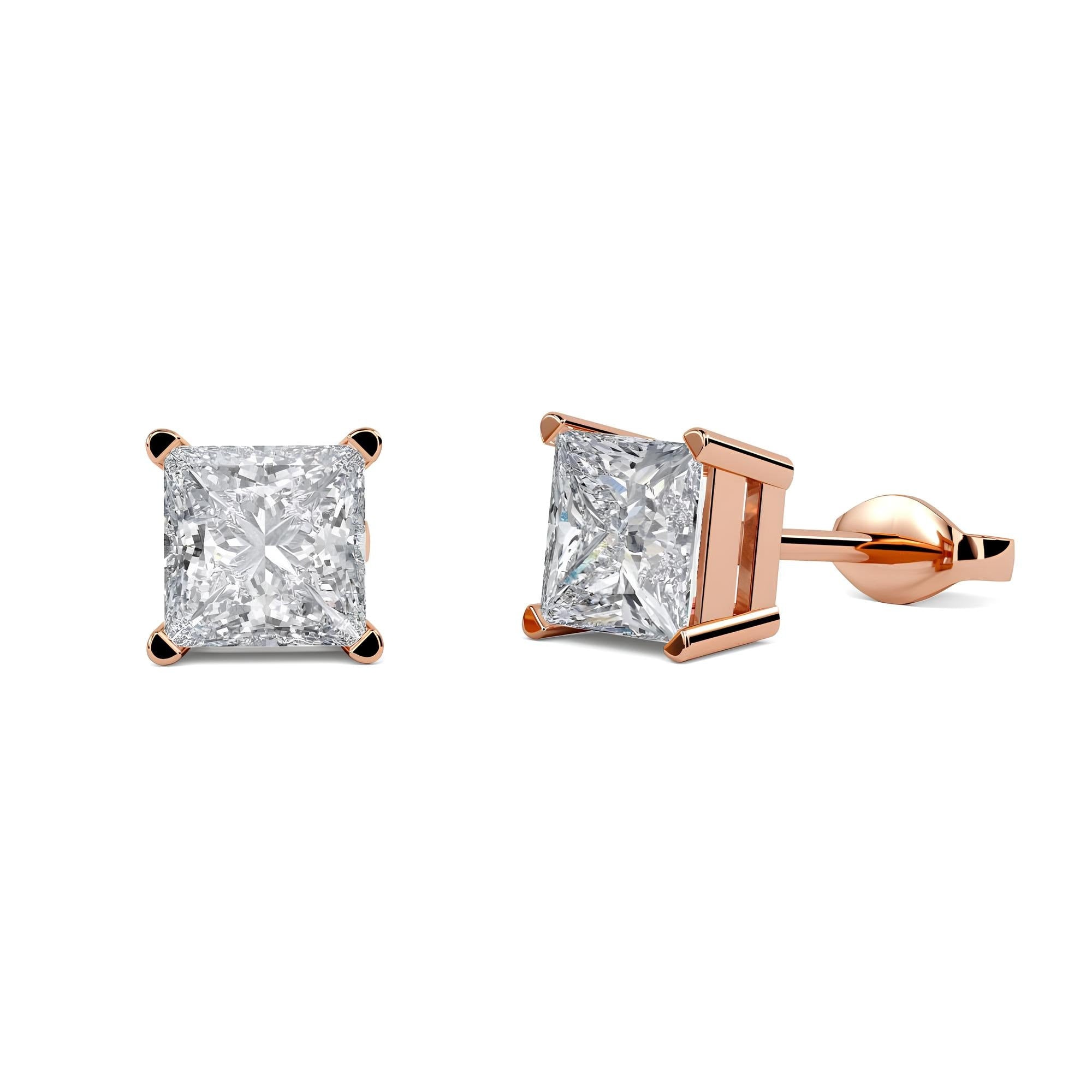 Princess Cut Lab-Grown Diamond Stud Earrings EF VS/SI Clarity 14K Solid Gold Push Back Earrings for Women