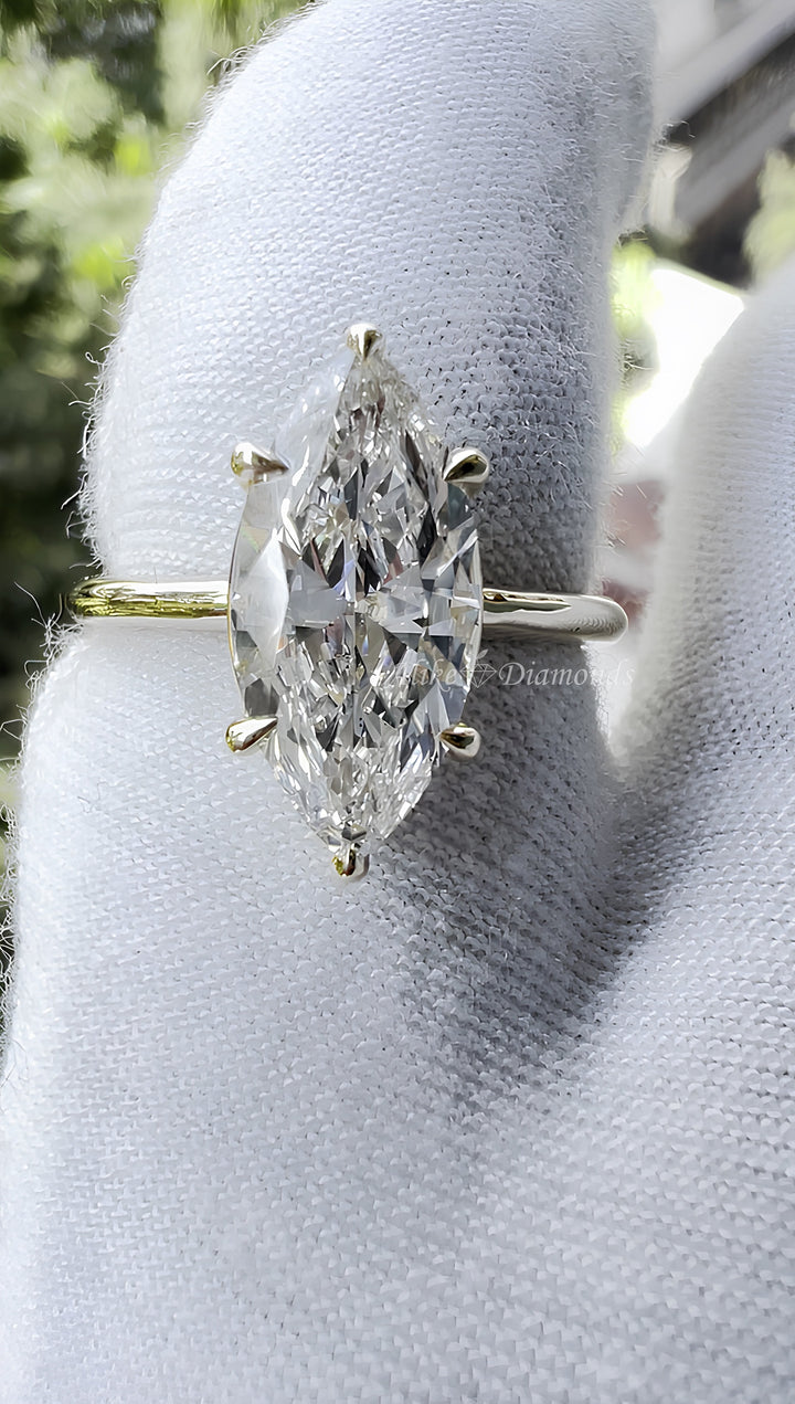Sparkling 2.30 Ct GH/SI Lab Grown Marquise Cut Diamond Solitaire Engagement Ring in 14K Yellow Gold - Certified Diamond, Size 7