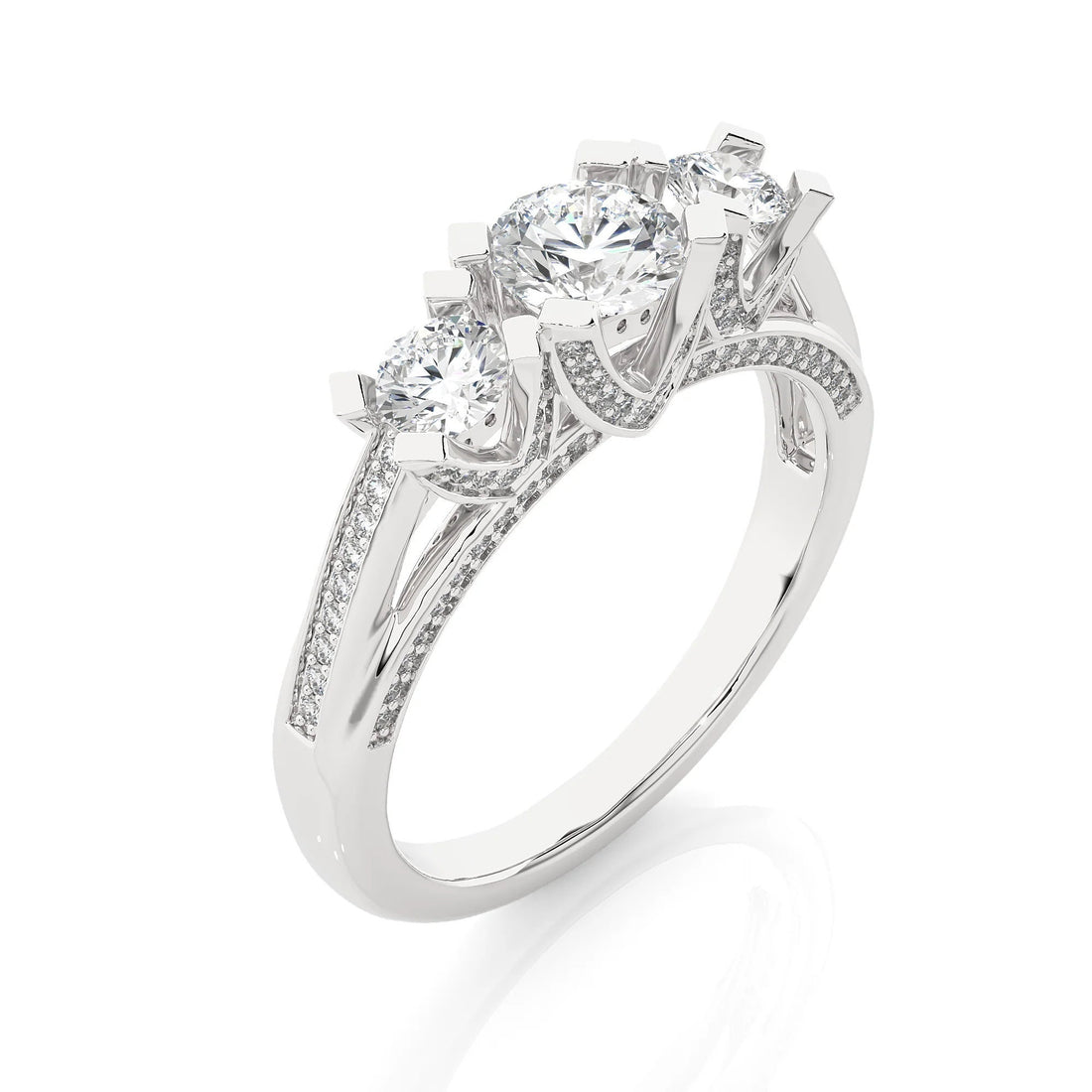 Three-Stone Wedding Ring with Accent Diamonds – IGI Certified EF VS/SI Lab-Grown Diamond Engagement Ring in 14K Real Gold