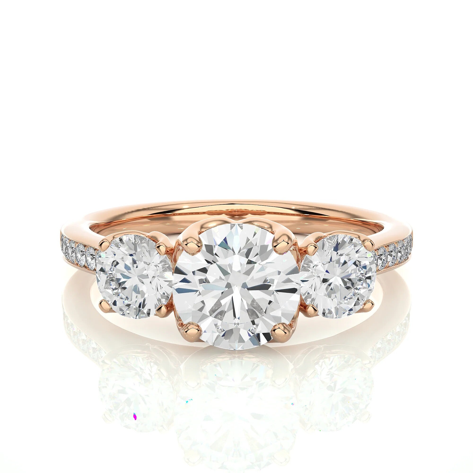 Unique Round Three-Stone Wedding Ring – IGI Certified EF VS/SI Lab-Grown Diamond Engagement Ring in 14K Real Gold