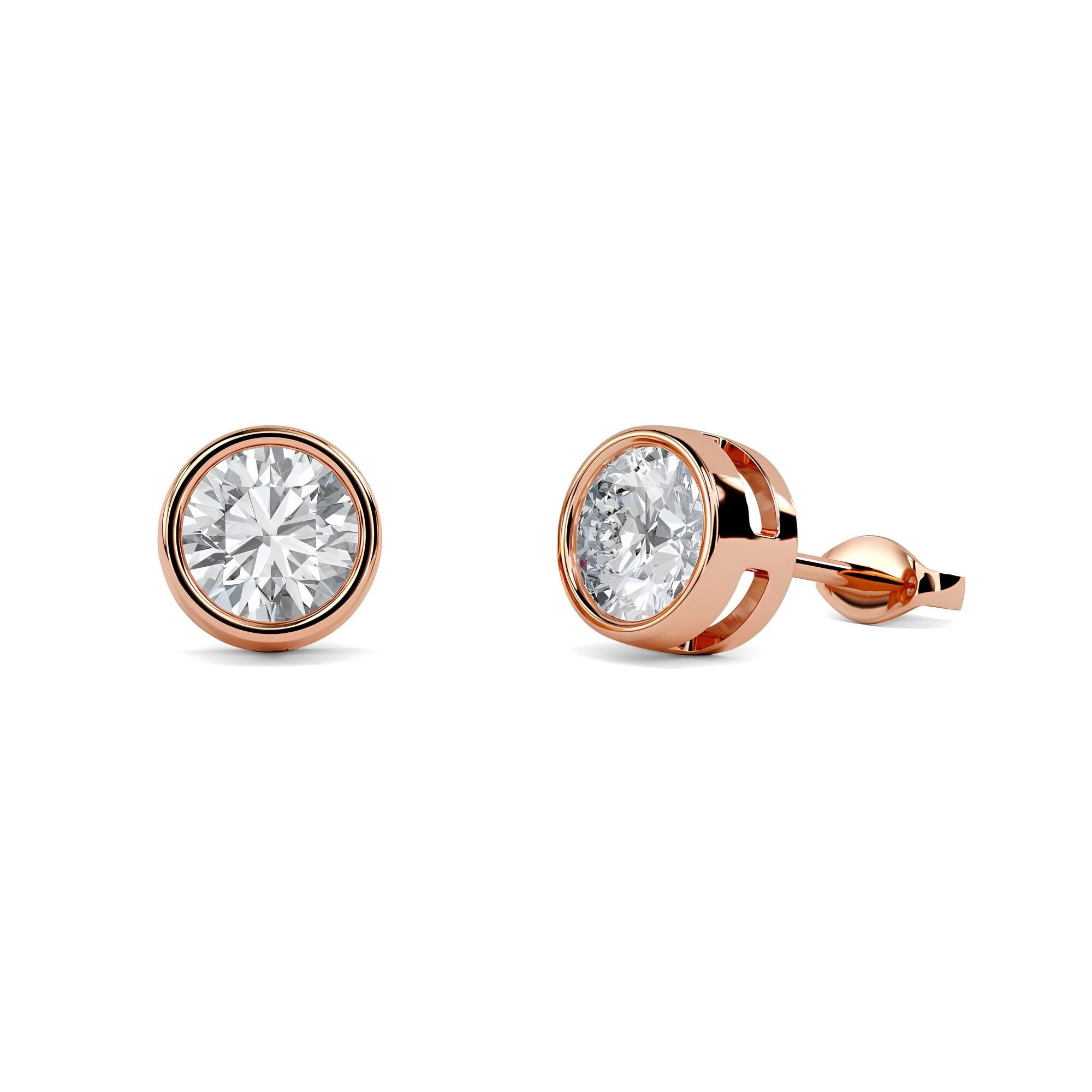 0.25–4.00 Ct Round Cut EF VS/SI Lab-Grown Diamond Bezel Set Stud Earrings 14K Gold Wedding Earrings