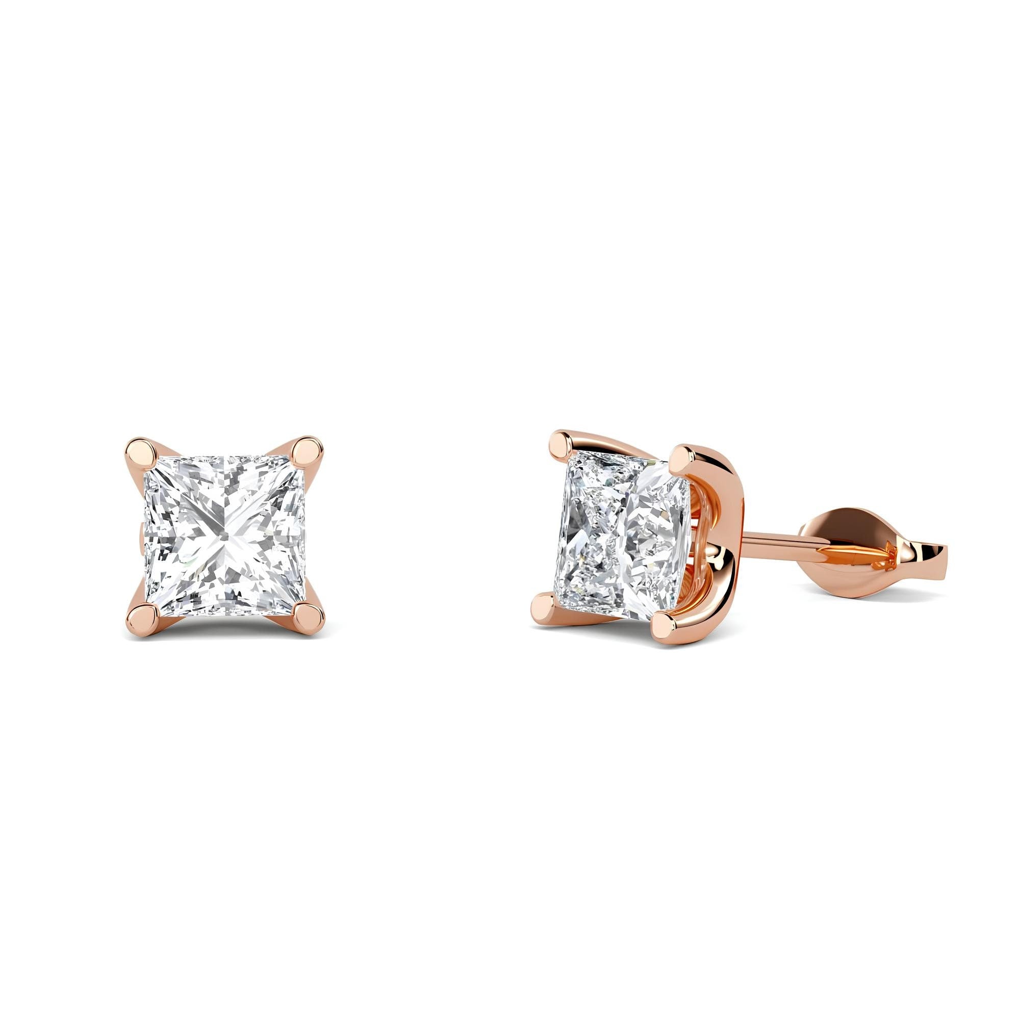 14K Solid Gold Princess Cut Lab-Grown Diamond Stud Earrings EF VS/SI Quality Push Back Earrings for Women