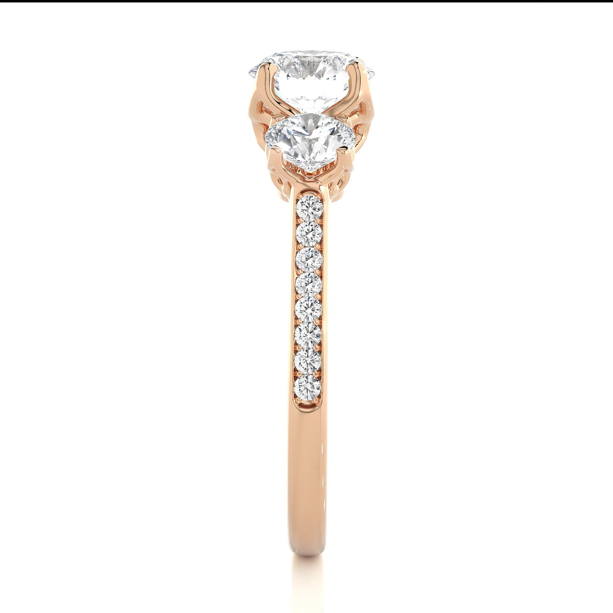 Unique Round Three-Stone Wedding Ring – IGI Certified EF VS/SI Lab-Grown Diamond Engagement Ring in 14K Real Gold