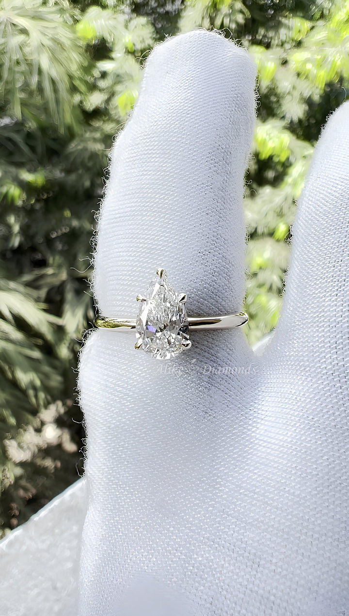 Solitaire Engagement Ring, 1.22 Ct Pear Cut Lab Grown Diamond Ring, Certified GH/SI Diamond 14K Yellow Gold Wedding Ring, Size 7