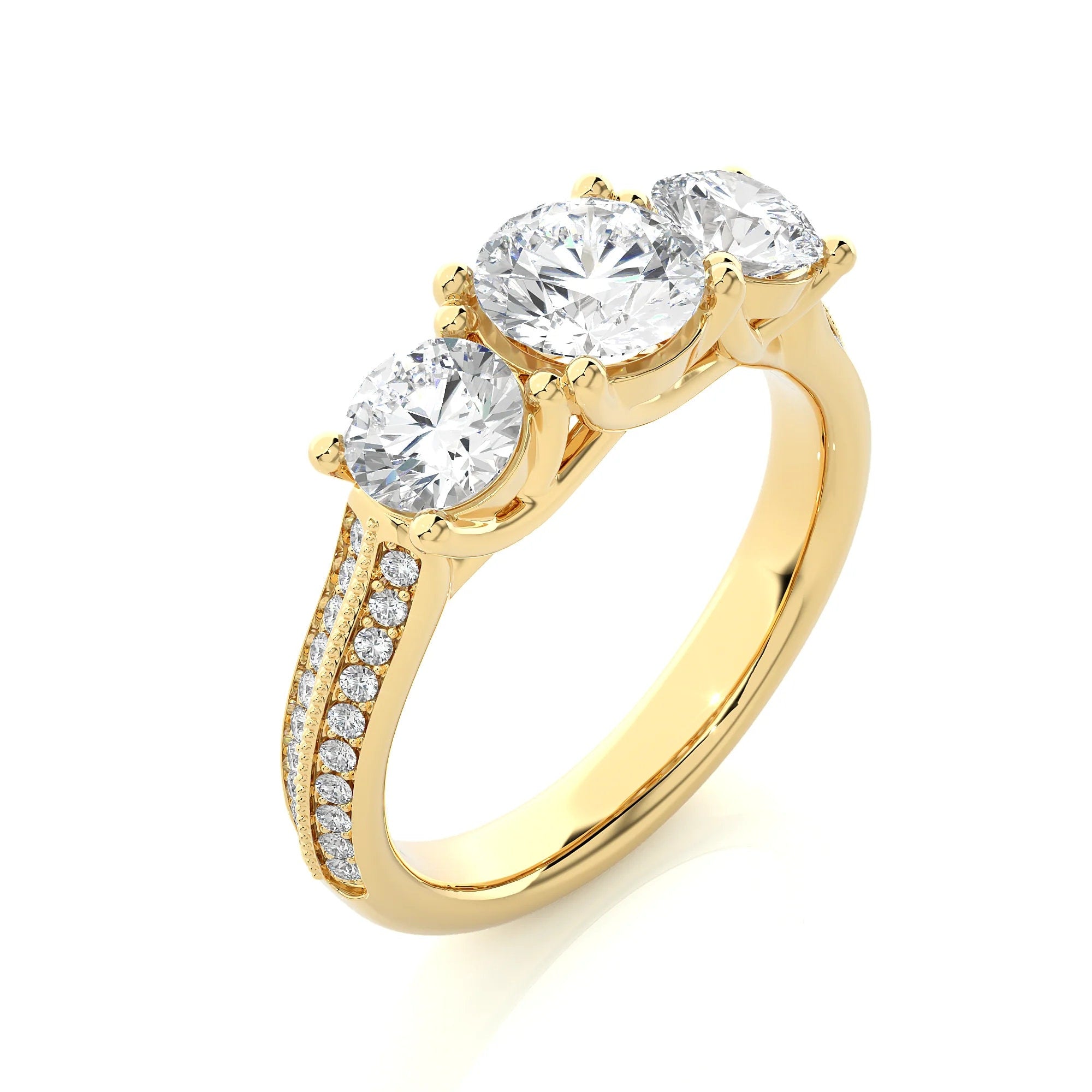 IGI Certified Round Three-Stone Engagement Ring – EF VS/SI Lab-Grown Diamonds with Pave Setting in 14K Real Gold – Perfect Wedding or Anniversary Gift