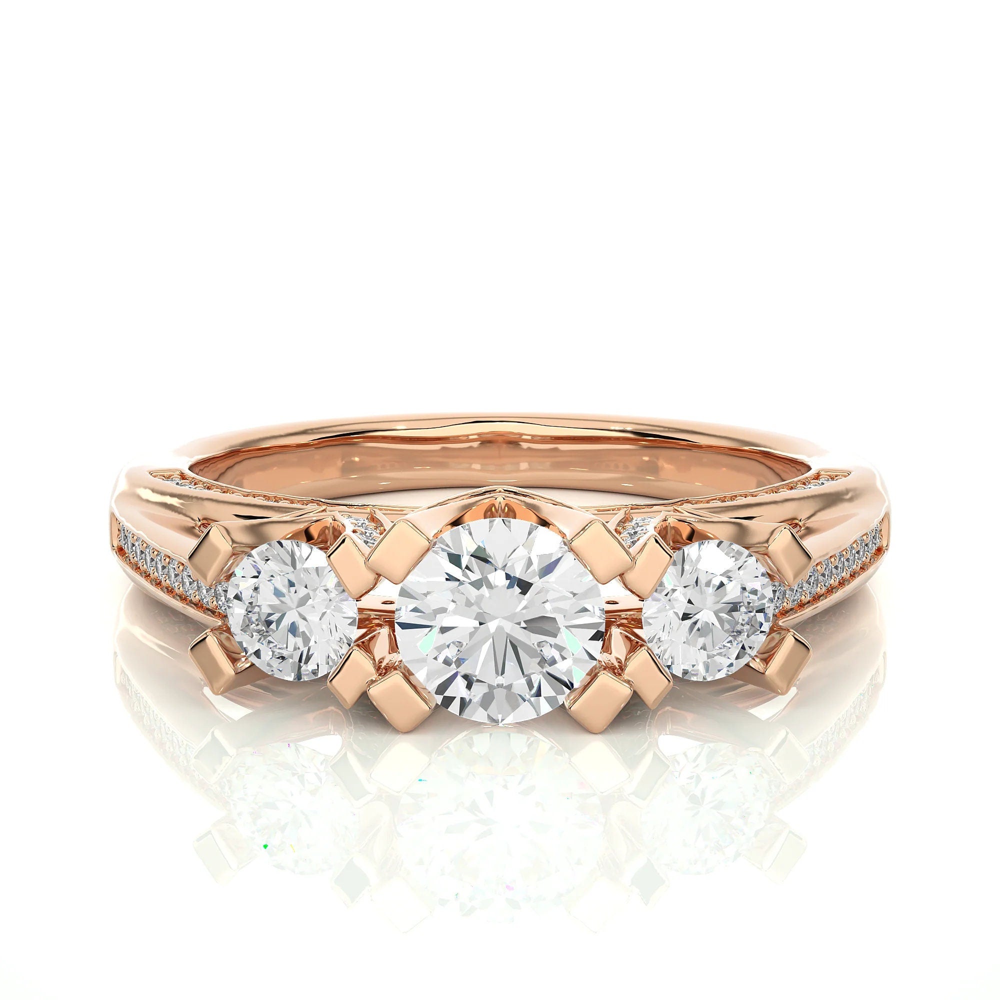 Three-Stone Wedding Ring with Accent Diamonds – IGI Certified EF VS/SI Lab-Grown Diamond Engagement Ring in 14K Real Gold