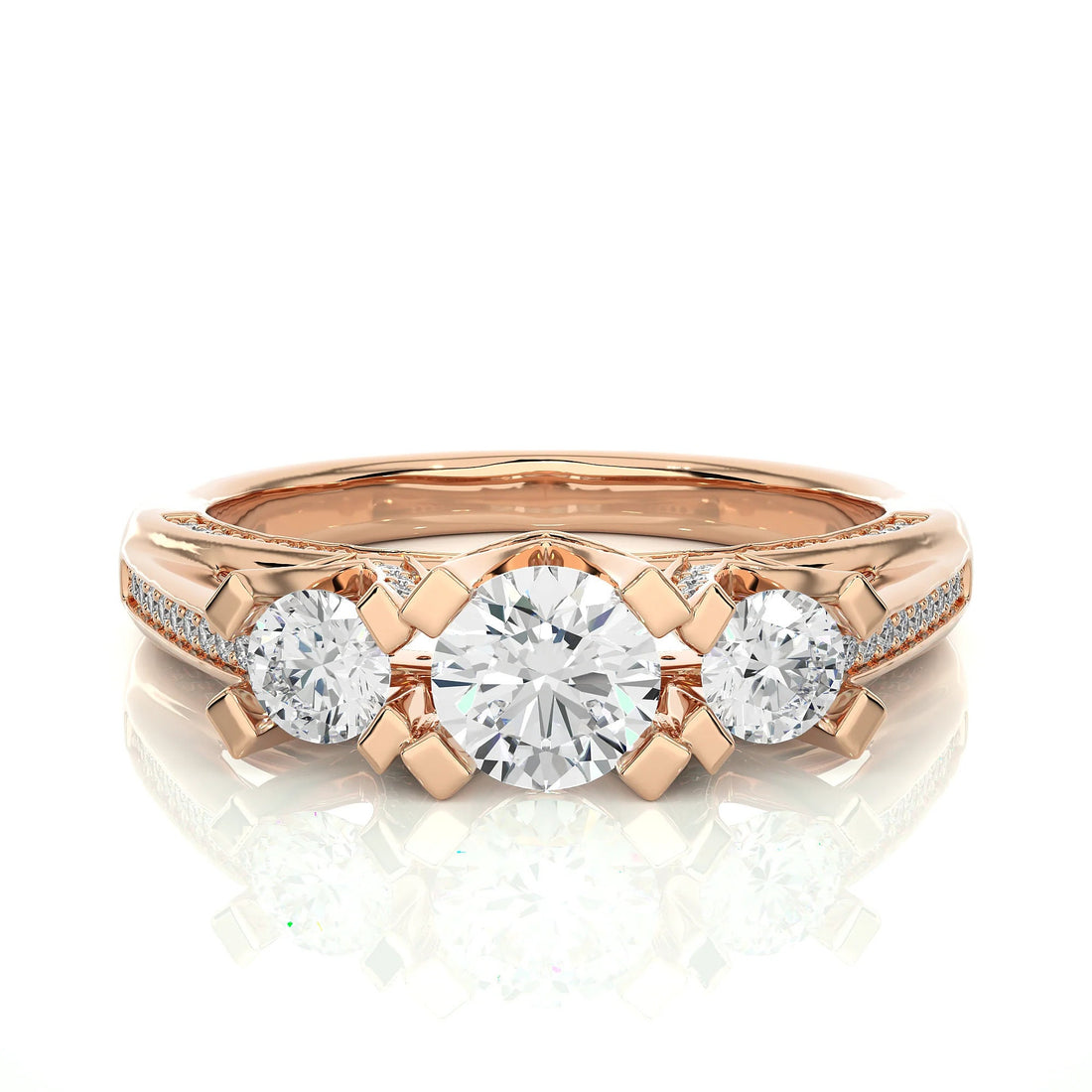 Three-Stone Wedding Ring with Accent Diamonds – IGI Certified EF VS/SI Lab-Grown Diamond Engagement Ring in 14K Real Gold
