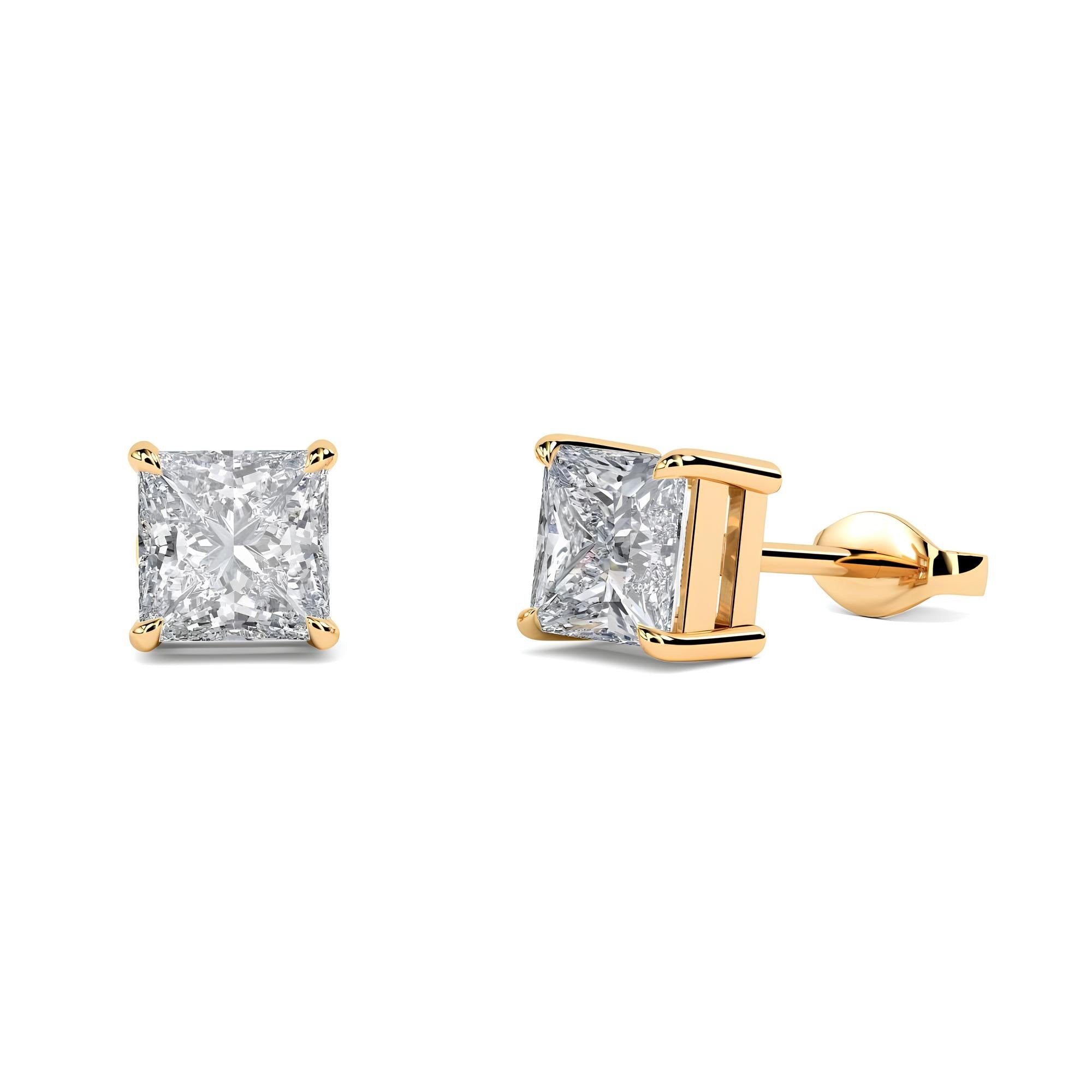 14K Solid Gold Princess Cut Lab-Grown Diamond Stud Earrings EF VS/SI Clarity Push Back Earrings for Women