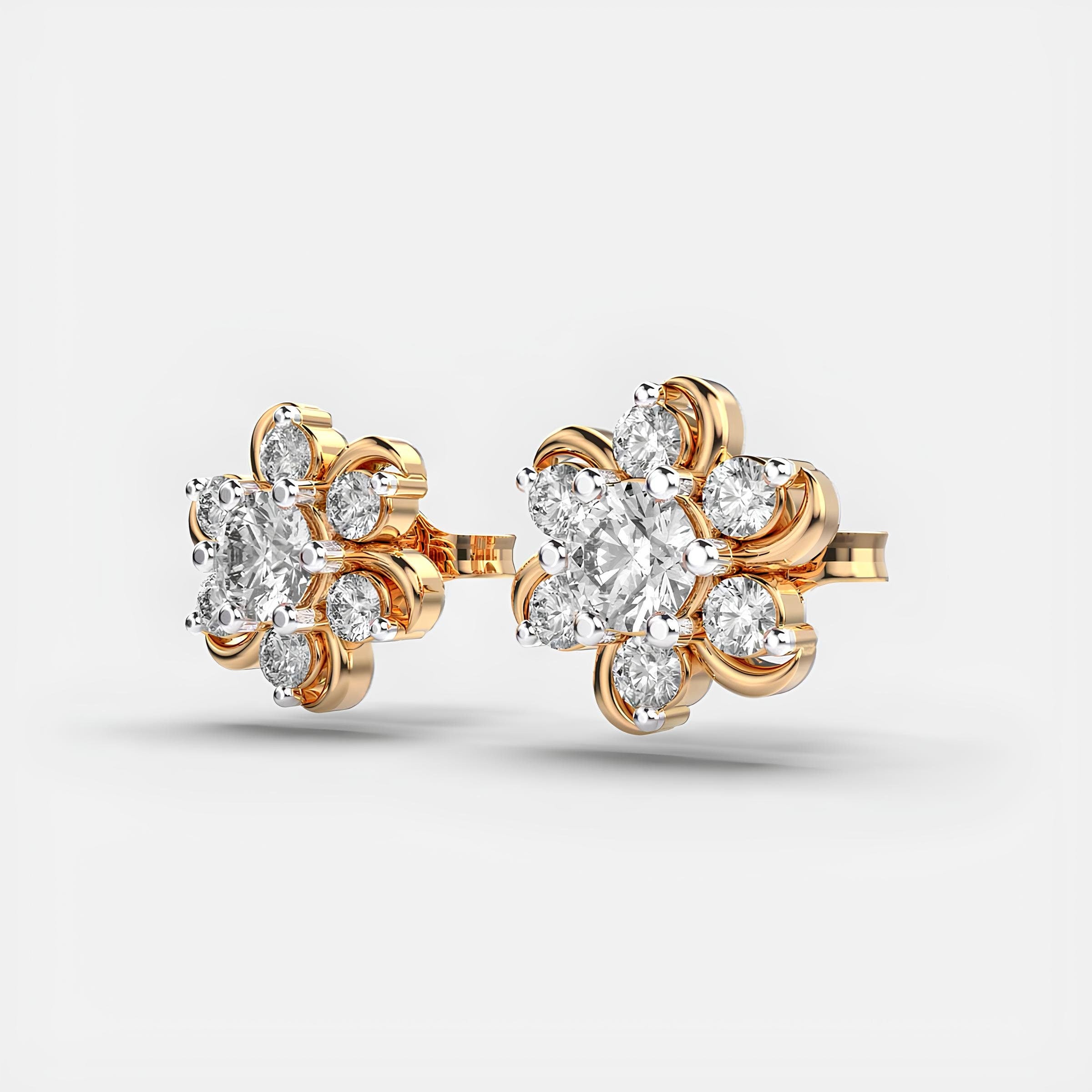 14K Solid Gold Periwinkle Flora Cluster Stud Earrings EF VS/SI Lab-Grown Round Diamonds Minimalist Diamond Earrings, Perfect Christmas Gift