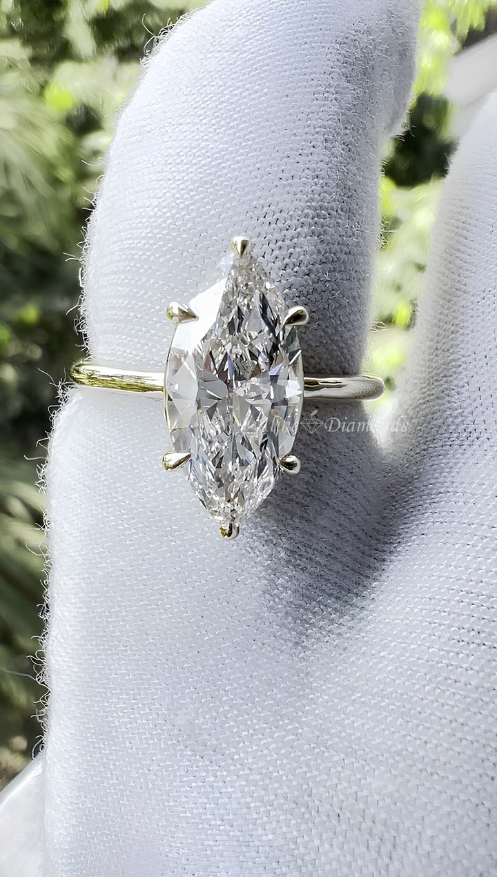 Sparkling 2.30 Ct GH/SI Lab Grown Marquise Cut Diamond Solitaire Engagement Ring in 14K Yellow Gold - Certified Diamond, Size 7