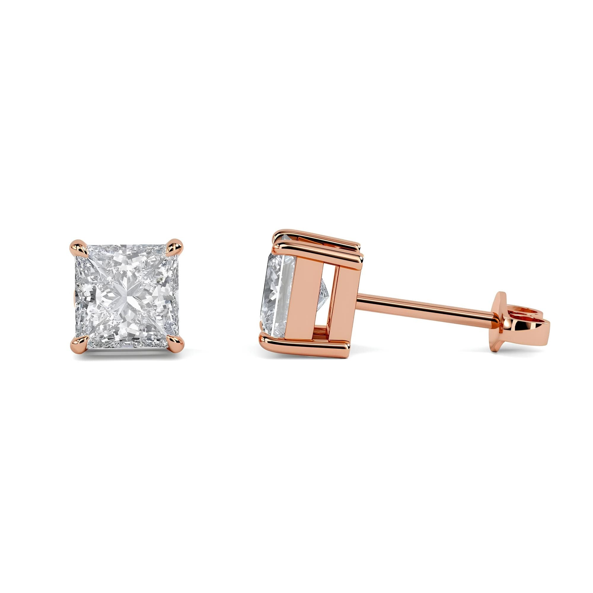 14K Solid Gold Princess Cut Lab-Grown Diamond Stud Earrings EF VS/SI Clarity Push Back Earrings for Women