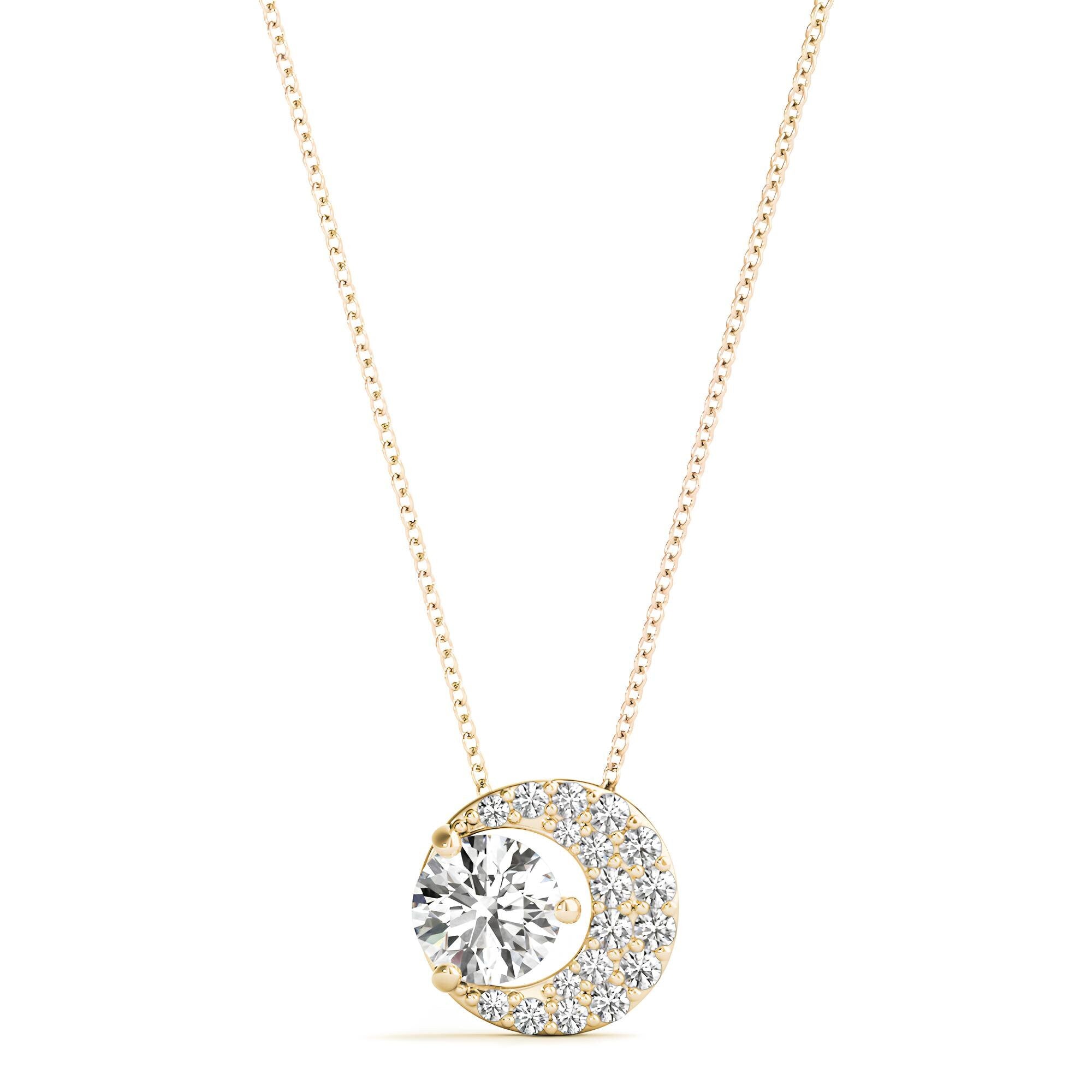 1.00 Carat EF VS/SI Lab-Grown Round Diamond Half Moon Pendant Necklace IGI Certified, 14K Gold Chain, Anniversary Gift for Her