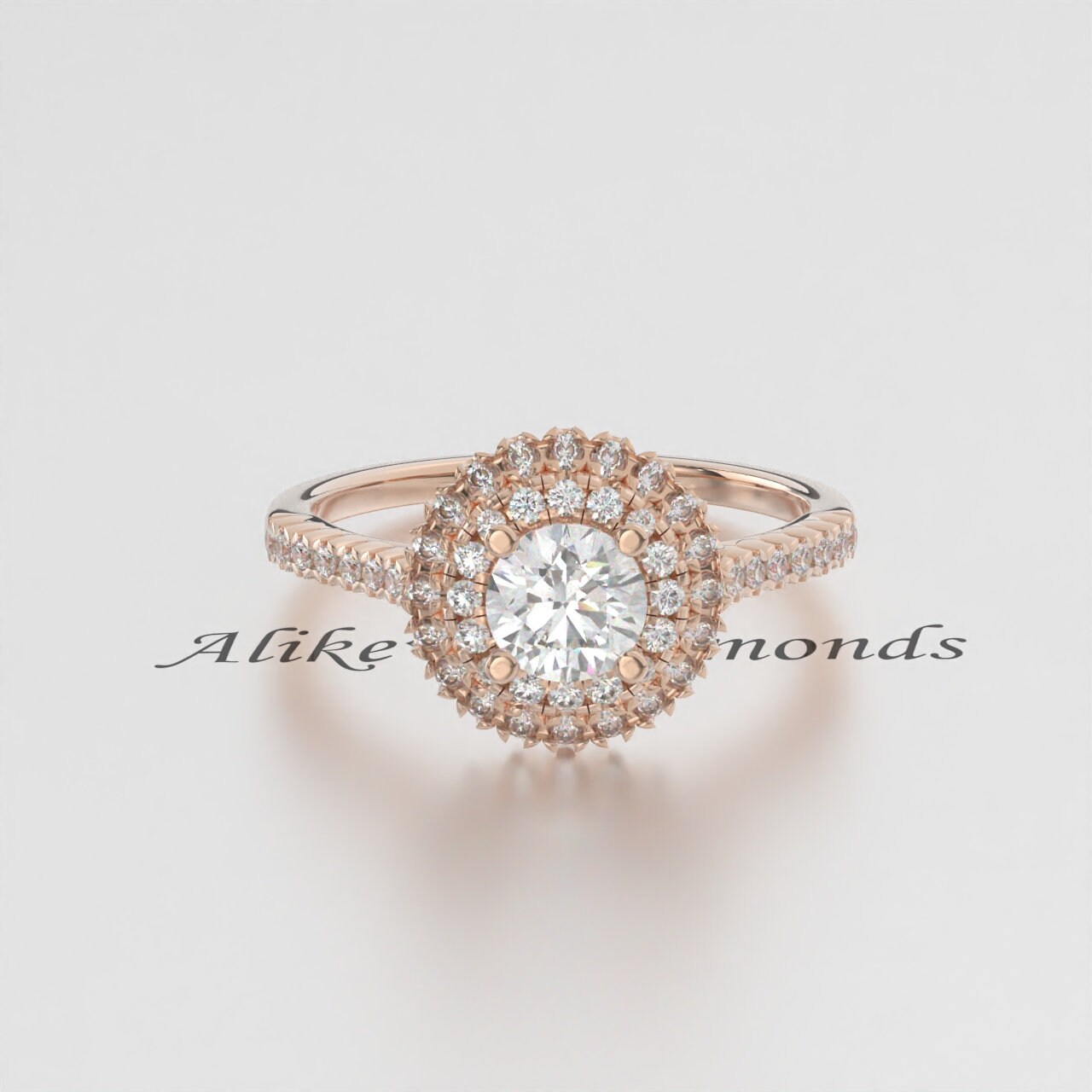 Lab-Grown Round Diamond Double Halo Engagement Ring – Certified EF VS/SI Diamond in 14K Gold