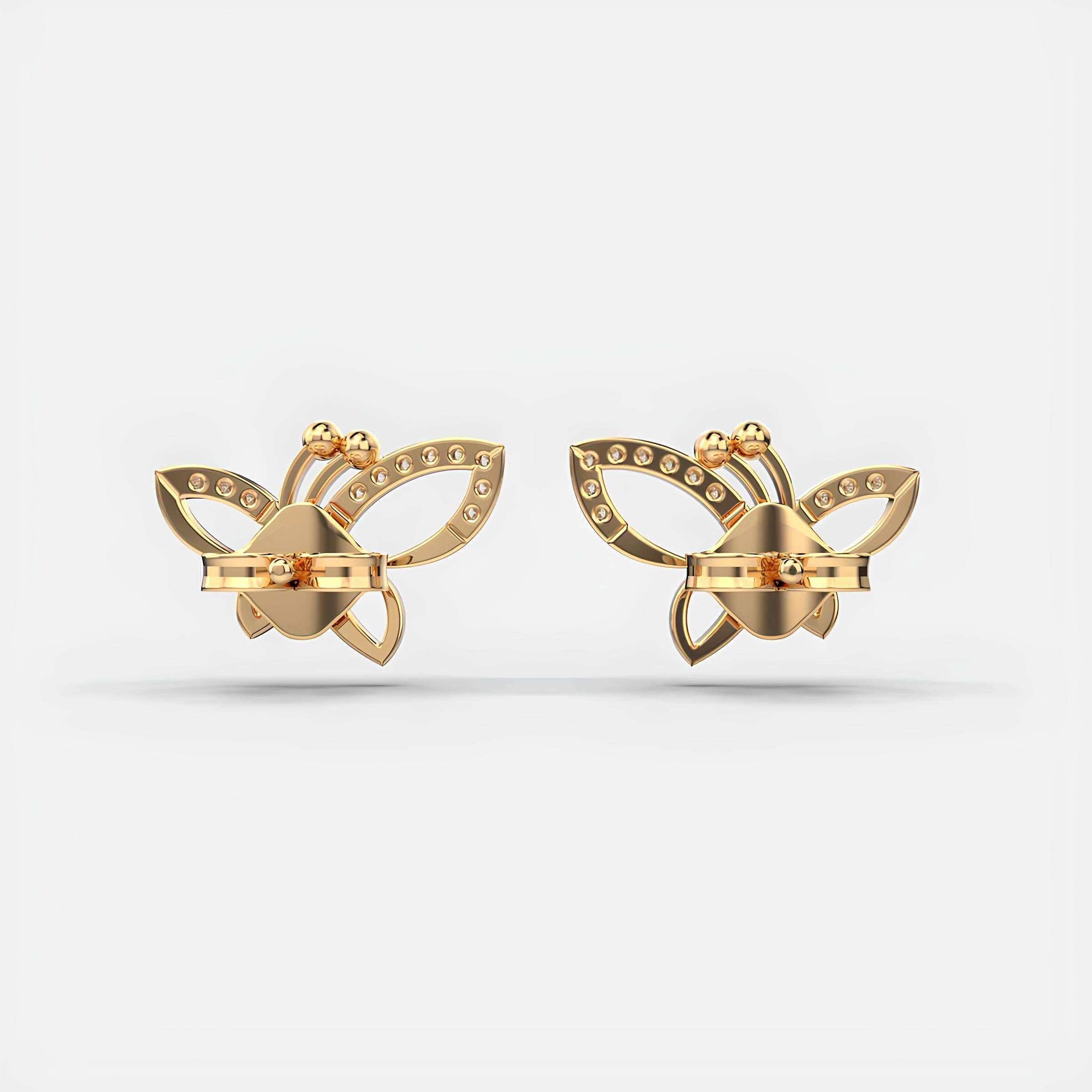 14K Solid Gold Stud Earrings EF VS/SI Lab-Grown Diamond Dancing Butterflies Design Minimalist Diamond Earrings, Perfect Christmas Gift