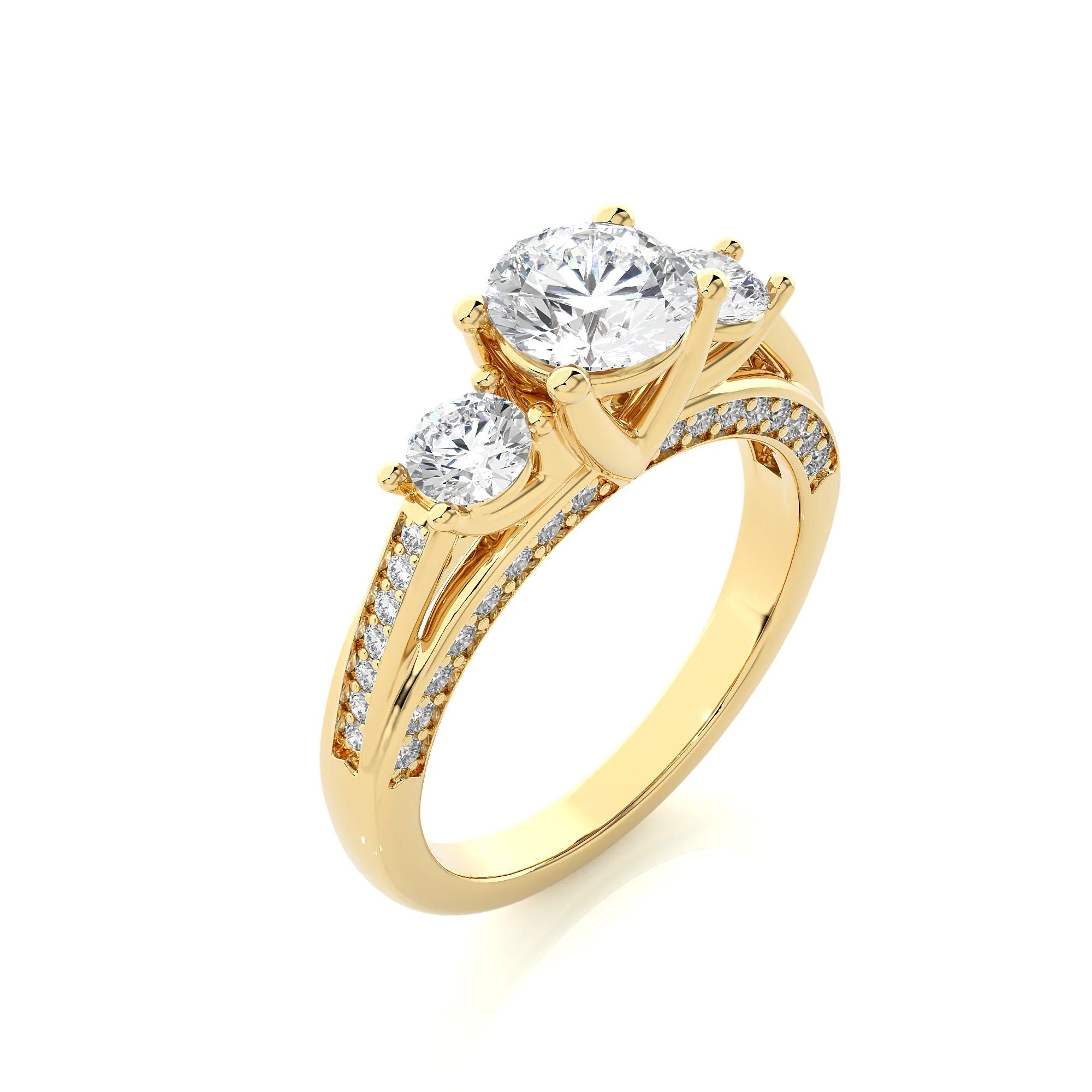 Elegant Three-Stone Engagement Ring with Accent Diamonds – IGI Certified EF VS/SI Lab-Grown Diamonds Set in 14K Real Gold, Perfect Wedding or Anniversary Ring