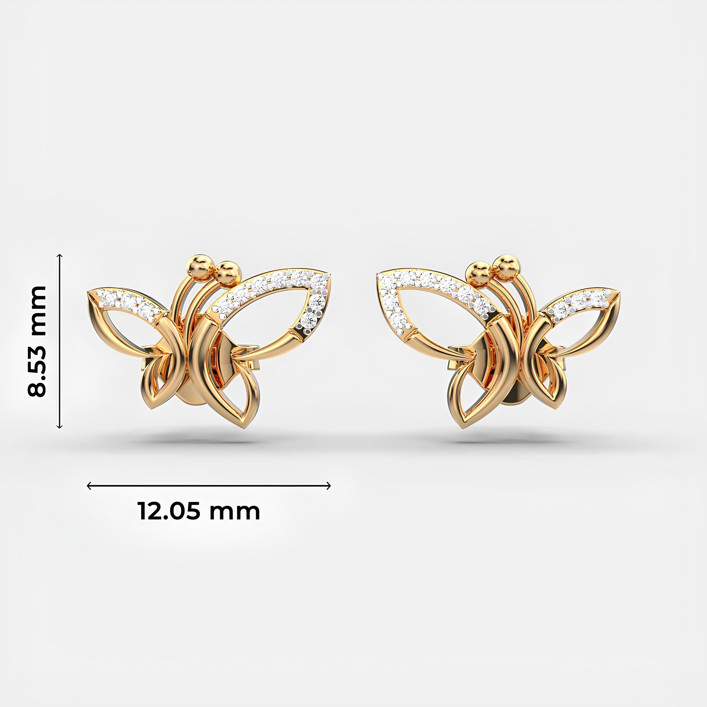 14K Solid Gold Stud Earrings EF VS/SI Lab-Grown Diamond Dancing Butterflies Design Minimalist Diamond Earrings, Perfect Christmas Gift