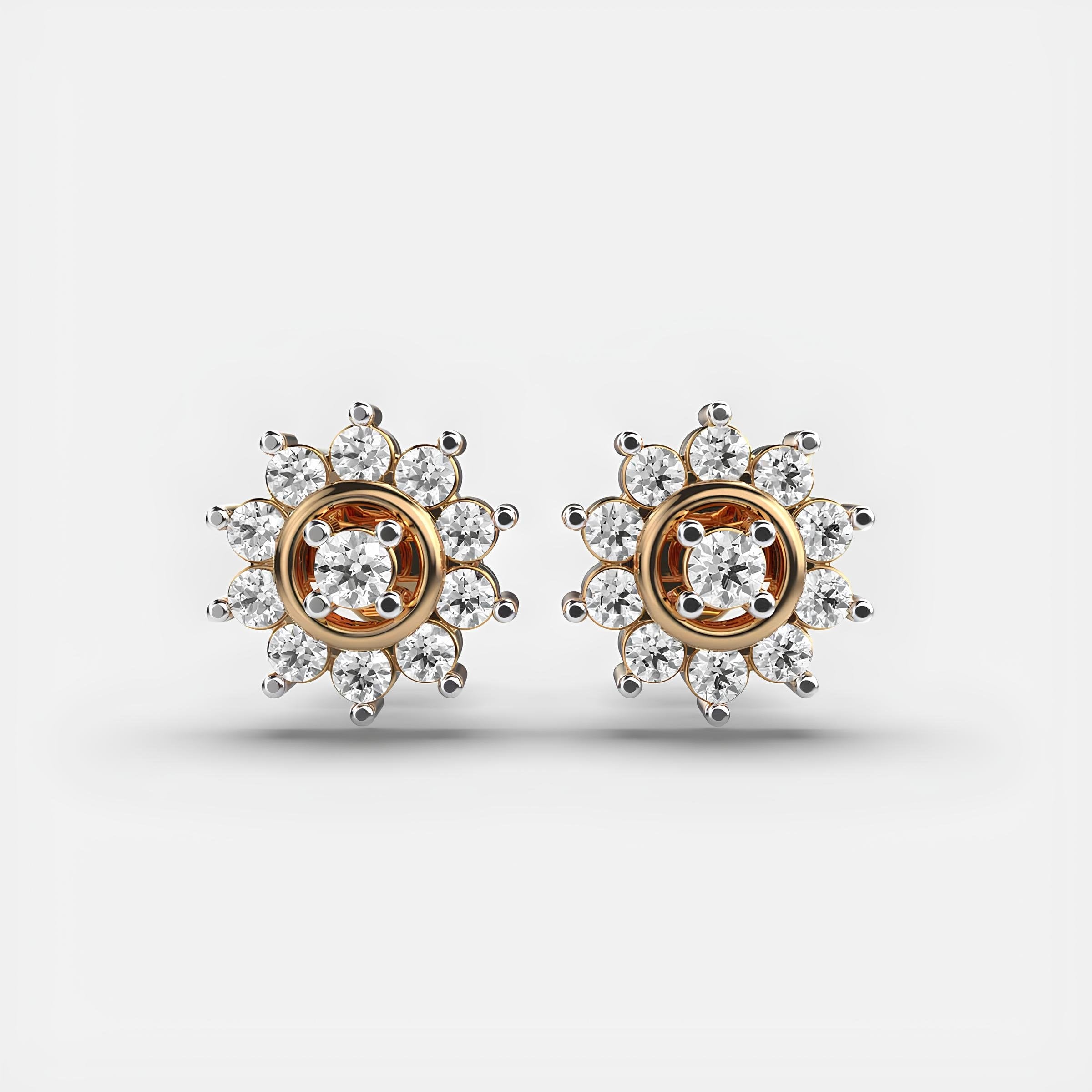 Round Diamond Star Cluster Flower Lab Grown Diamond Stud Earrings 14K Solid Gold