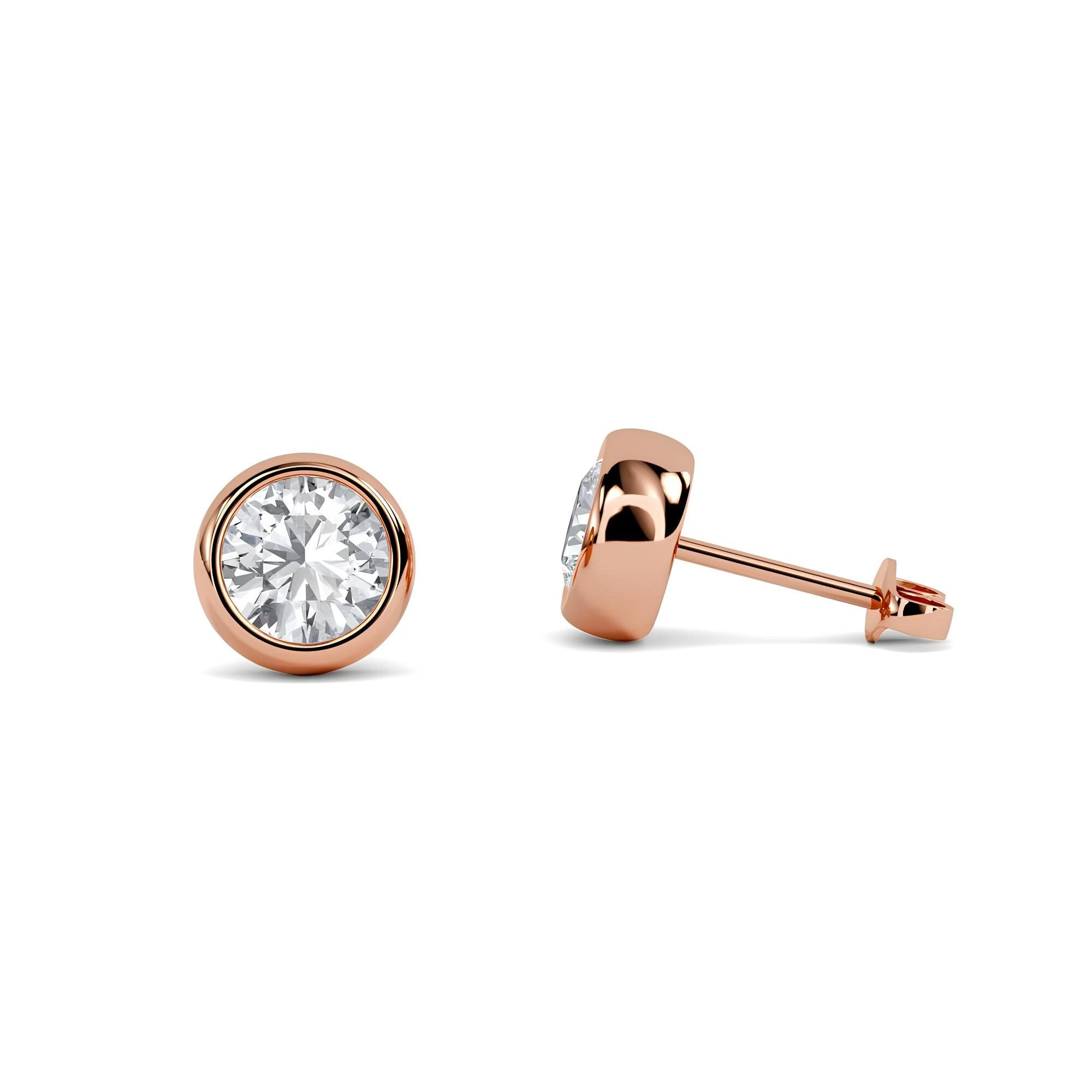 Round Cut EF VS/SI Lab-Grown Diamond Wedding Earrings Modern Bezel Set Studs in 14K Gold