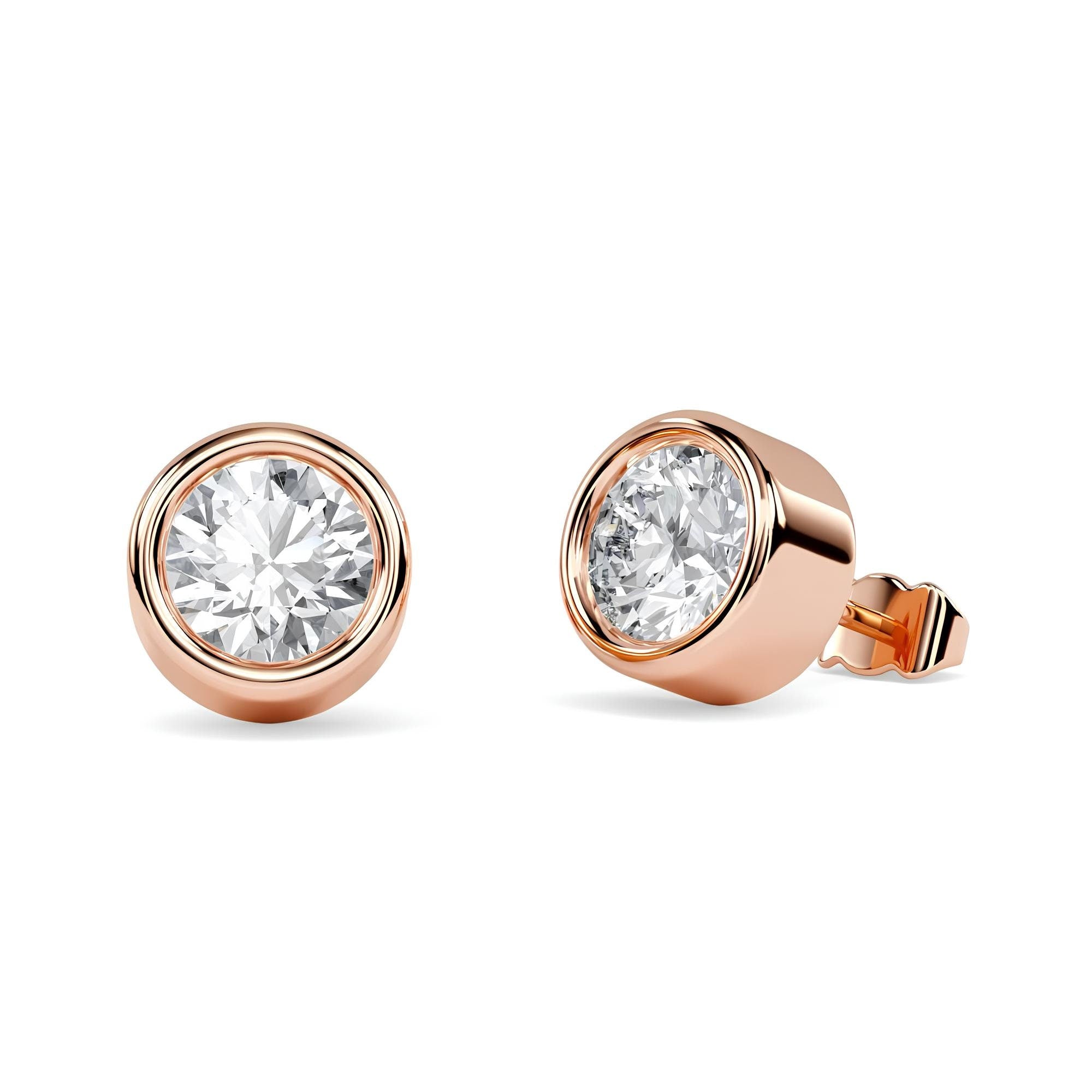 Round Cut EF VS/SI Lab-Grown Diamond Stud Earrings Modern Bezel Set Wedding Earrings in 14K Gold