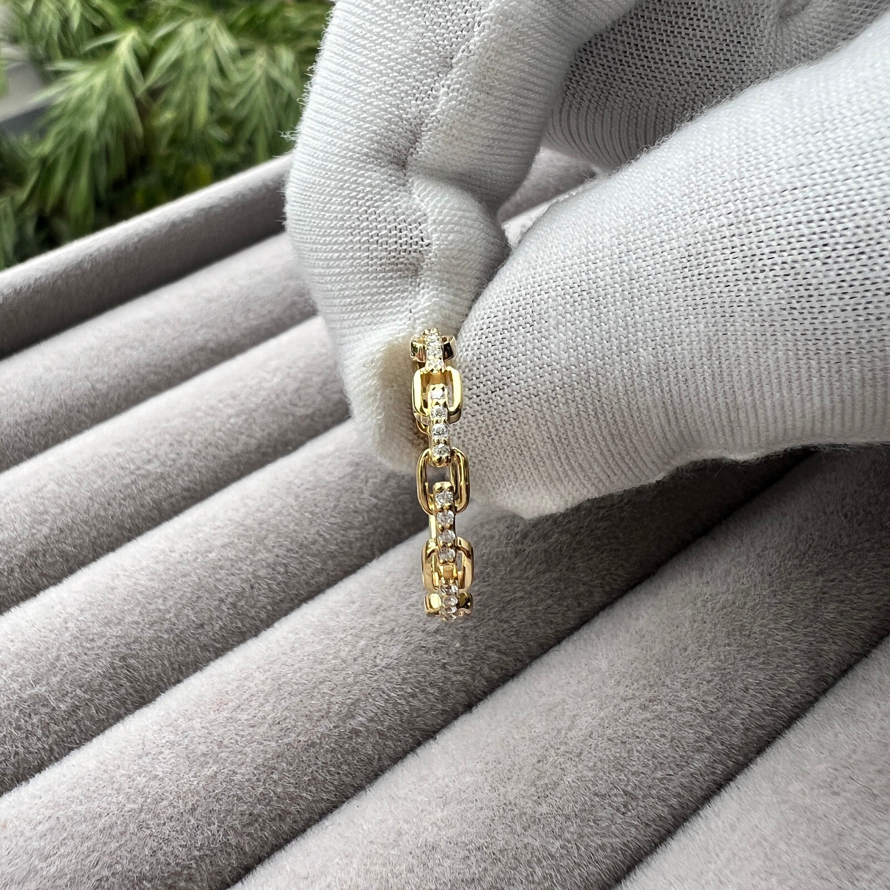 14K Solid Gold Chain Link Ring – Dainty Stacking Band With EF VS/SI Lab-Grown Diamonds | Minimalist Handmade Gift