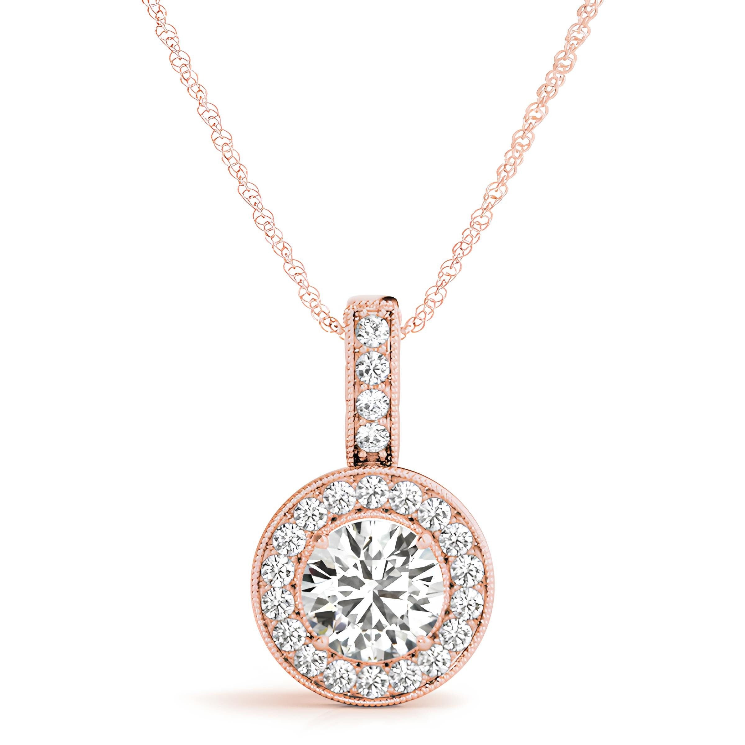 Halo Pendant Necklace with 1.00 Carat EF VS/SI Lab Grown Round Diamond IGI Certified Diamond 14K Gold Chain