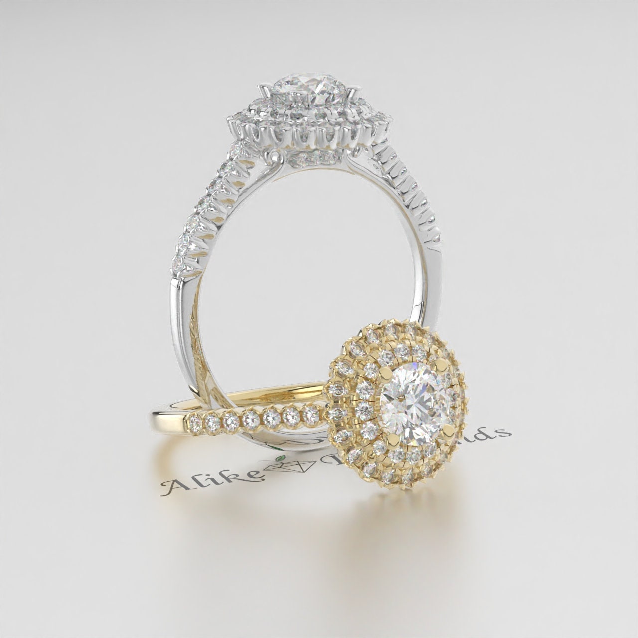 Lab-Grown Round Diamond Double Halo Engagement Ring – Certified EF VS/SI Diamond in 14K Gold