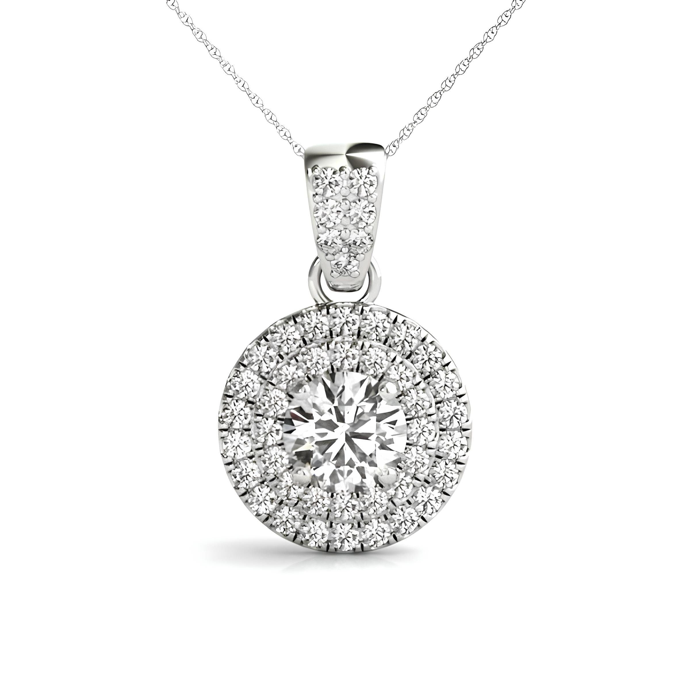 0.83 CT EF VS/SI Lab Grown Round Diamond Double Halo Pendant Necklace IGI Certified Diamond 14K Gold Chain