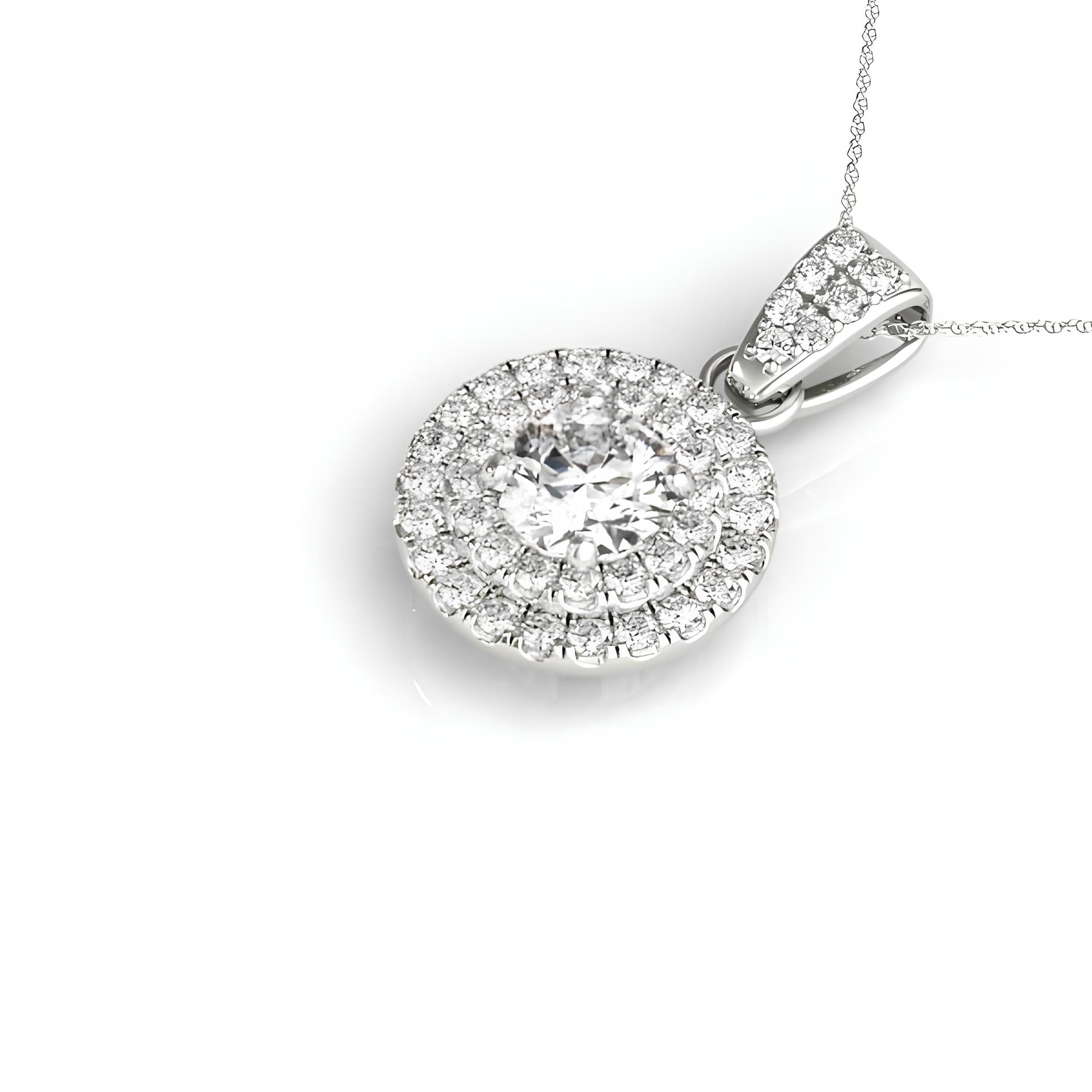 0.83 CT EF VS/SI Lab Grown Round Diamond Double Halo Pendant Necklace IGI Certified Diamond 14K Gold Chain