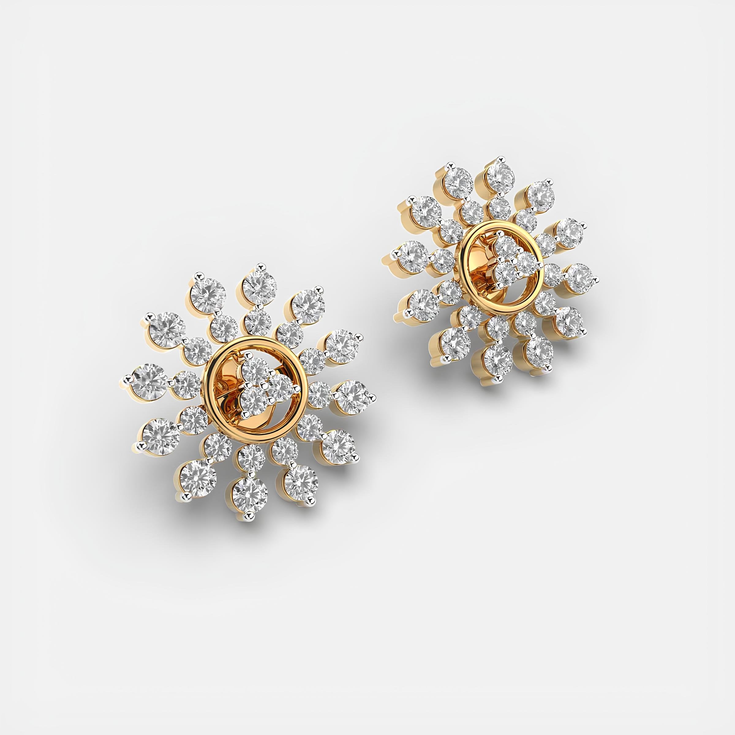 14K Solid Gold Dahlia Floral Stud Earrings Round EF VS/SI Lab-Grown Diamond Cluster Design – Minimalist Earrings, Perfect Christmas Gift for Her