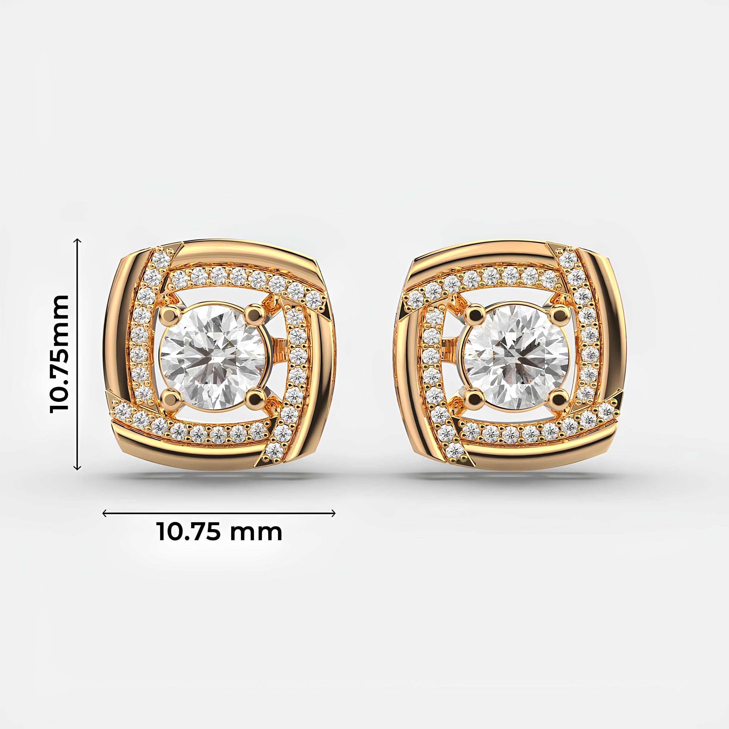 14K Solid Gold Square Stud Earrings with EF VS/SI Lab-Grown Round Diamond Solitaires Elegant Minimalist Design, Perfect Christmas Gift for Her