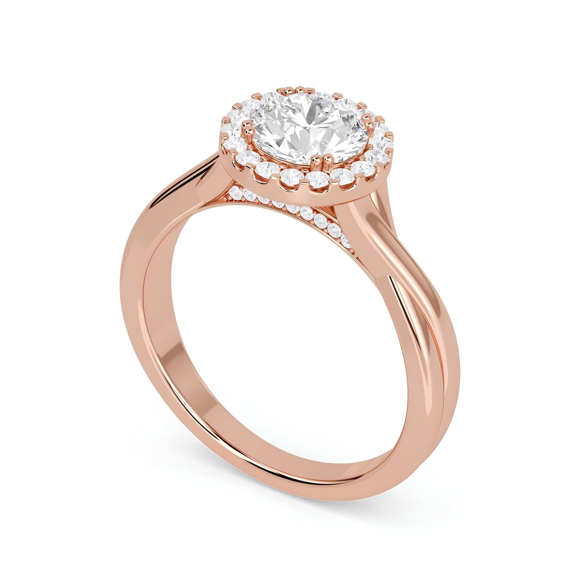 Sparkling Elegance: IGI Certified 1.00 CTW Round EF VS/SI Lab-Grown Diamond Twisted Halo Engagement Ring in 14K Solid Gold