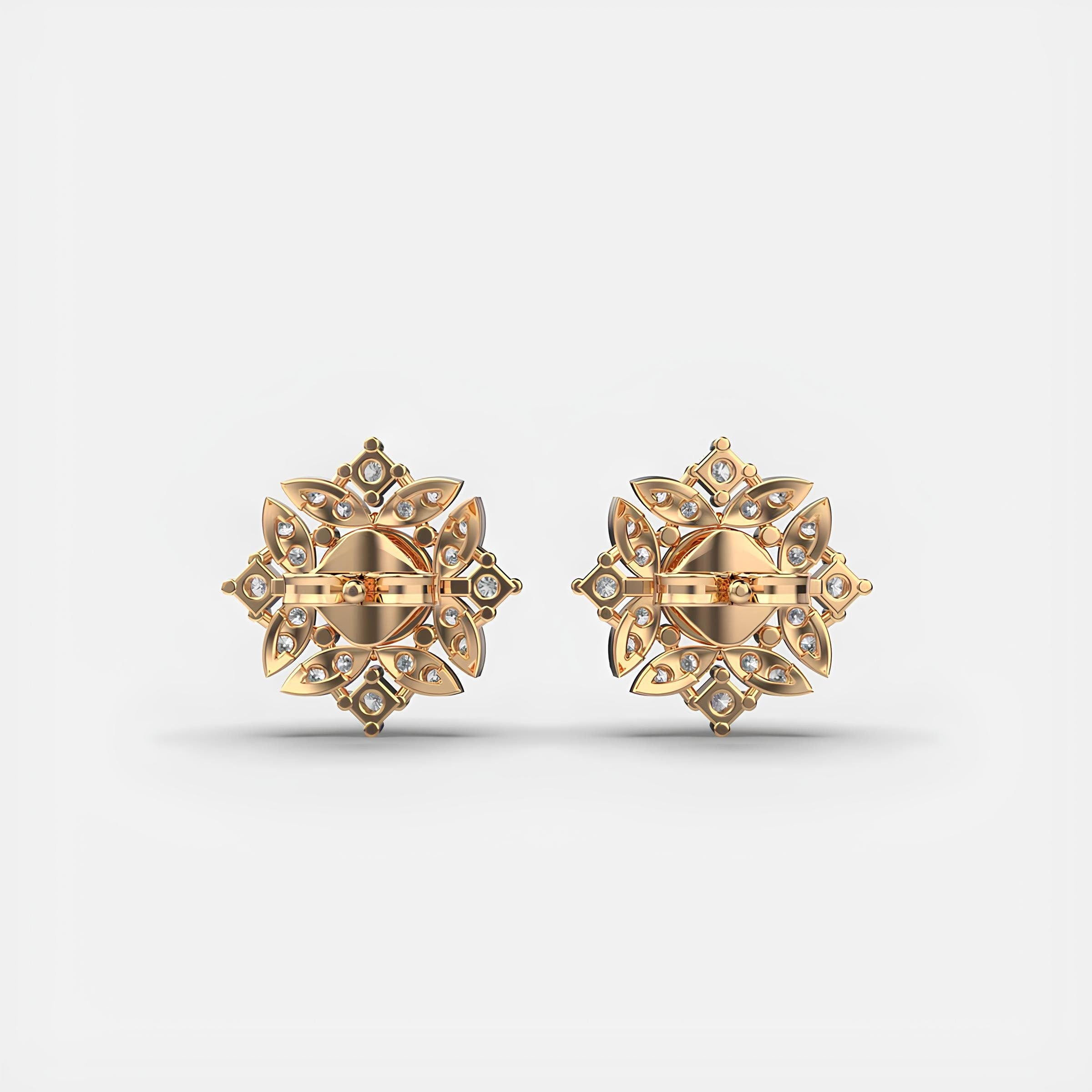 14K Solid Gold Floral Fantasy Cluster Stud Earrings EF VS/SI Round Lab-Grown Diamonds Elegant Minimalist Design Perfect Christmas Gift for Her