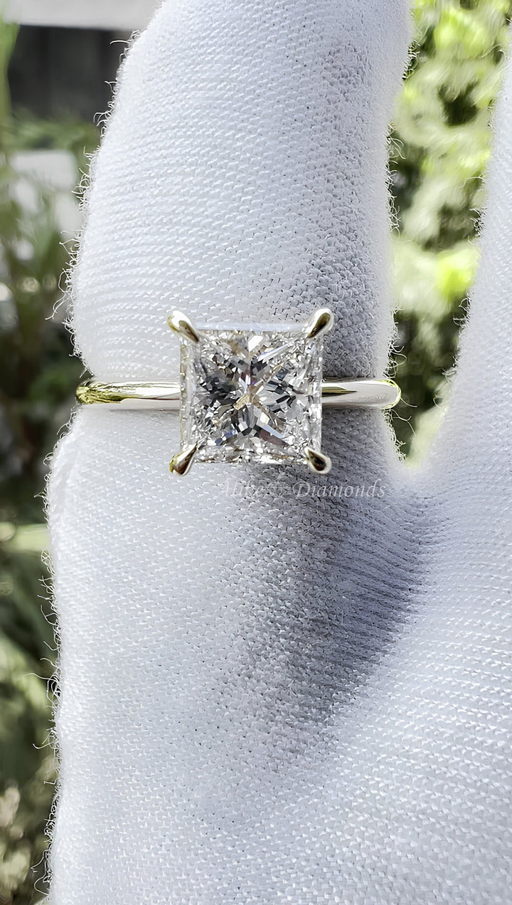 Solitaire Engagement Ring, 1.50 Ct Princess Cut Lab Grown Diamond Ring, Certified GH/SI Diamond 14K Yellow Gold Wedding Ring, Size 7