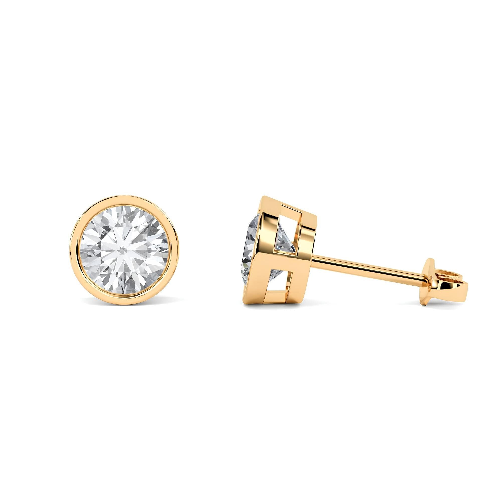 0.25–4.00 Ct Round Cut EF VS/SI Lab-Grown Diamond Stud Earrings 14K Gold Bezel Set Wedding Earrings