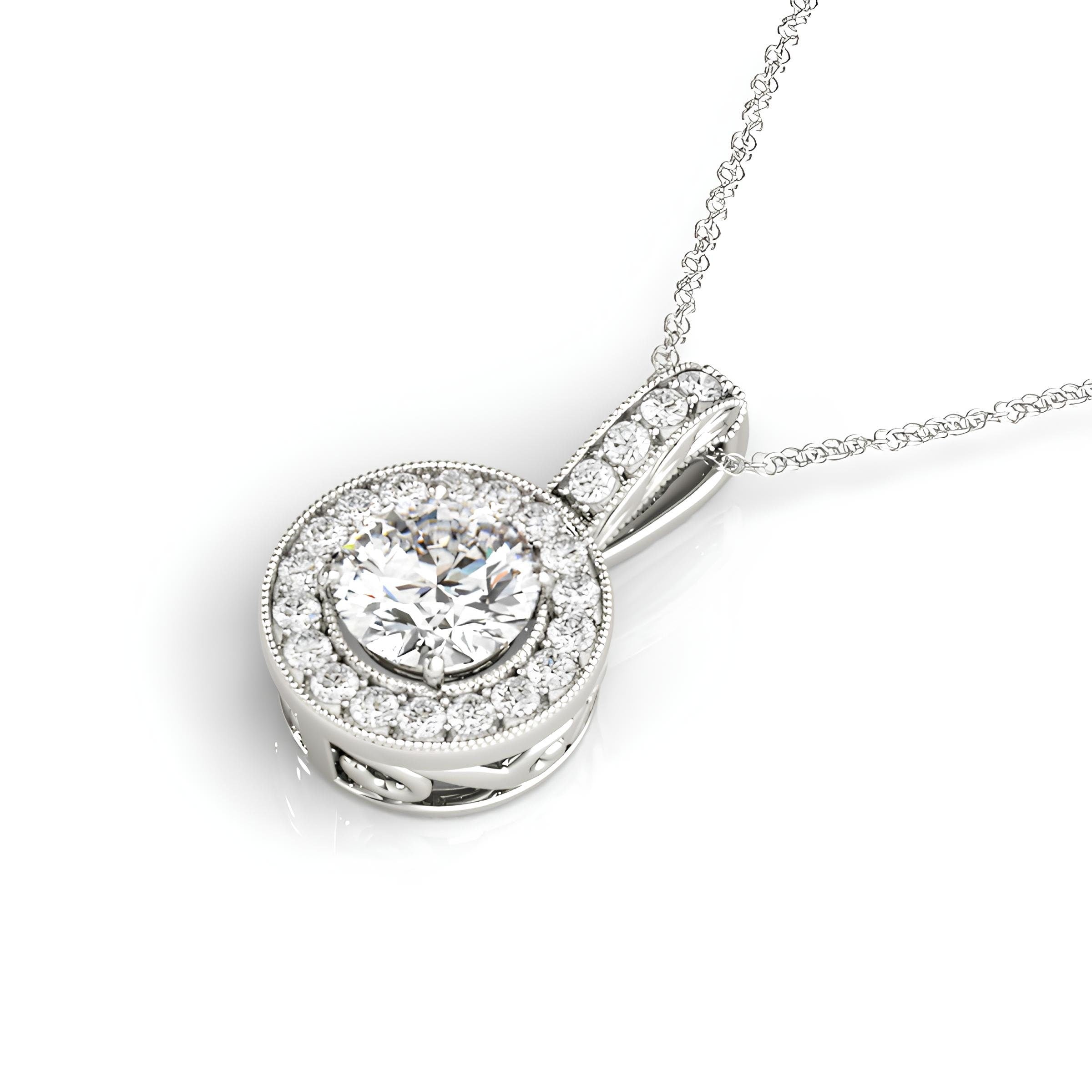 Halo Pendant Necklace with 1.00 Carat EF VS/SI Lab Grown Round Diamond IGI Certified Diamond 14K Gold Chain
