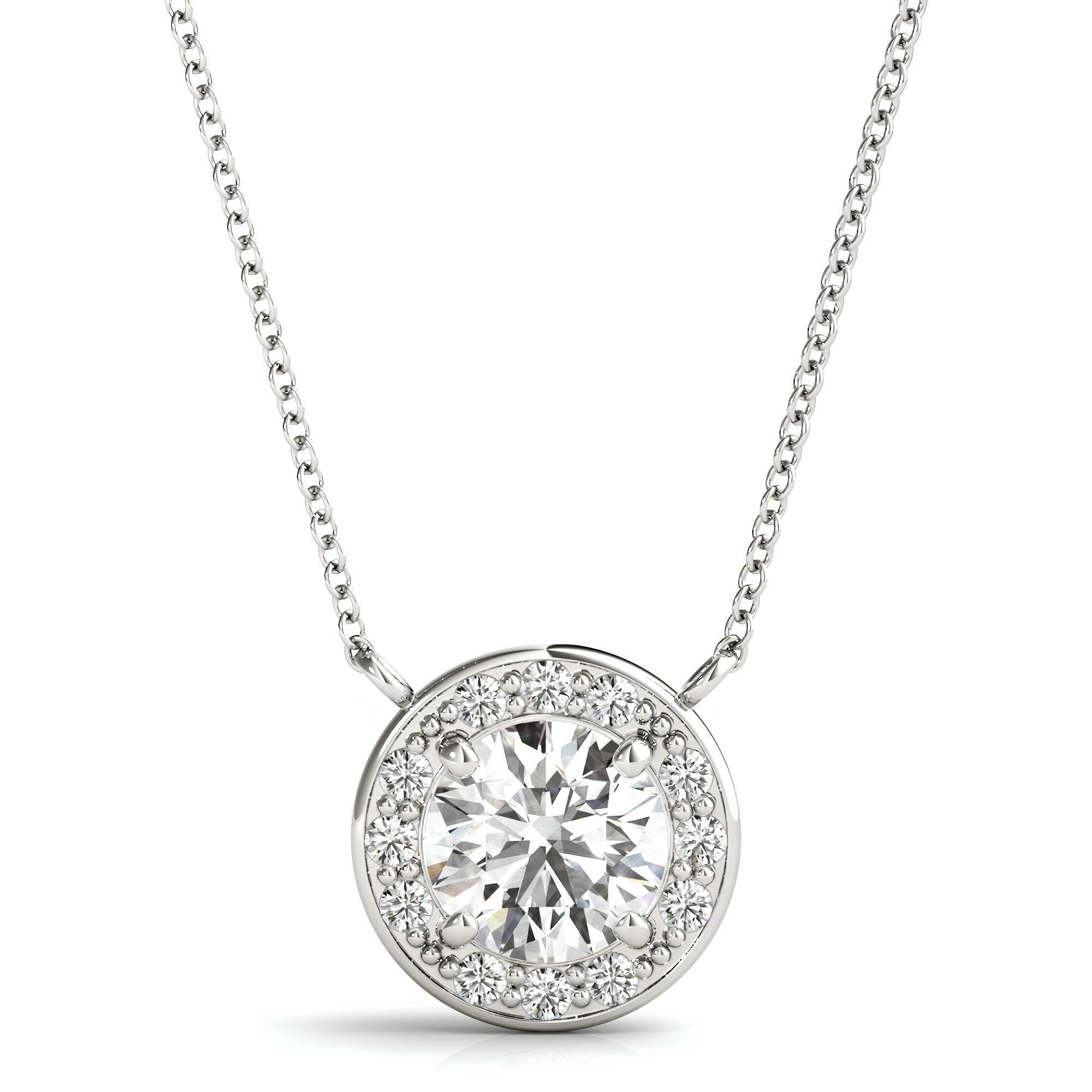 1.00 Carat Lab Grown Round Diamond Halo Pendant Necklace in 14K Gold IGI Certified Diamond on an Elegant Chain