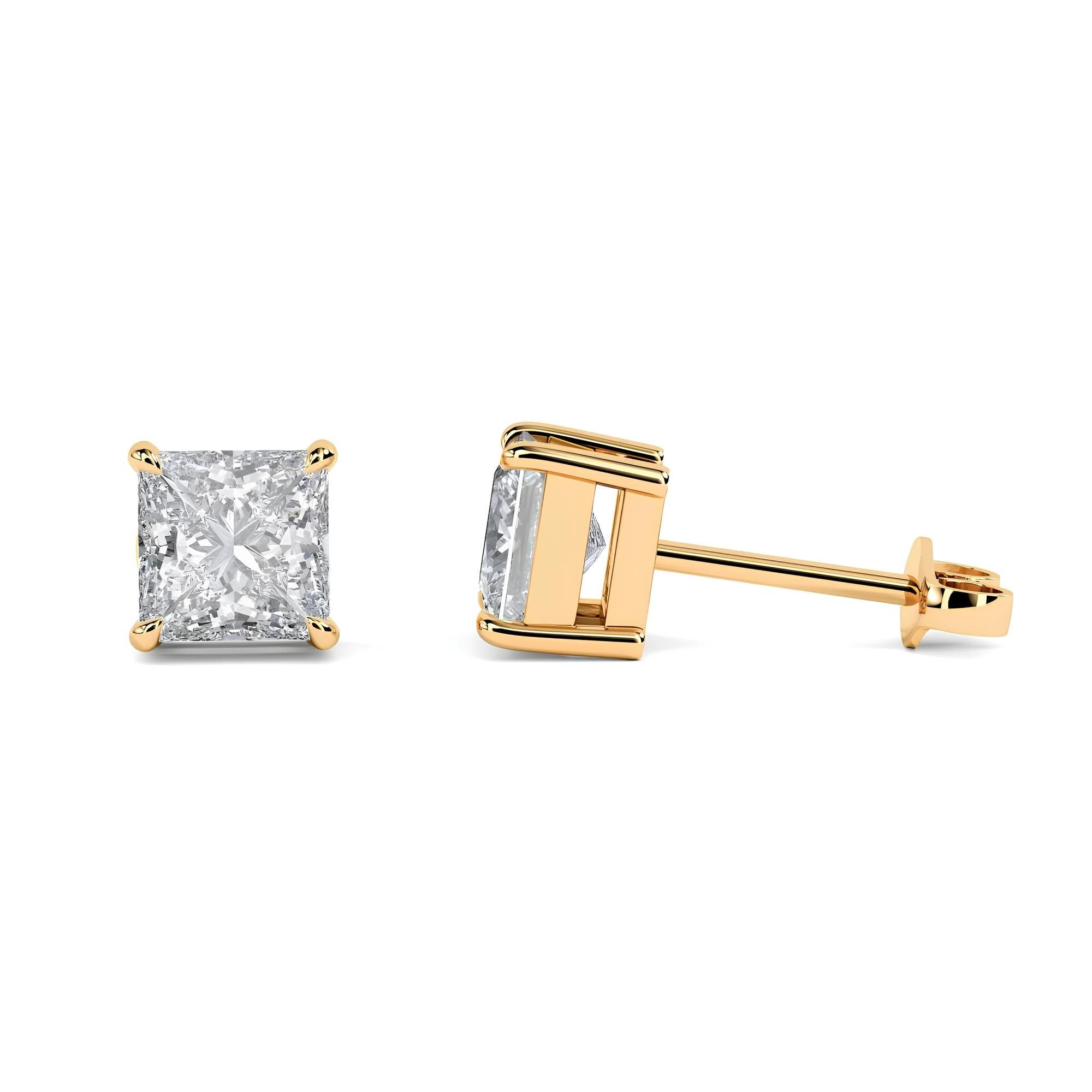 14K Solid Gold Princess Cut Lab-Grown Diamond Stud Earrings EF VS/SI Clarity Push Back Earrings for Women