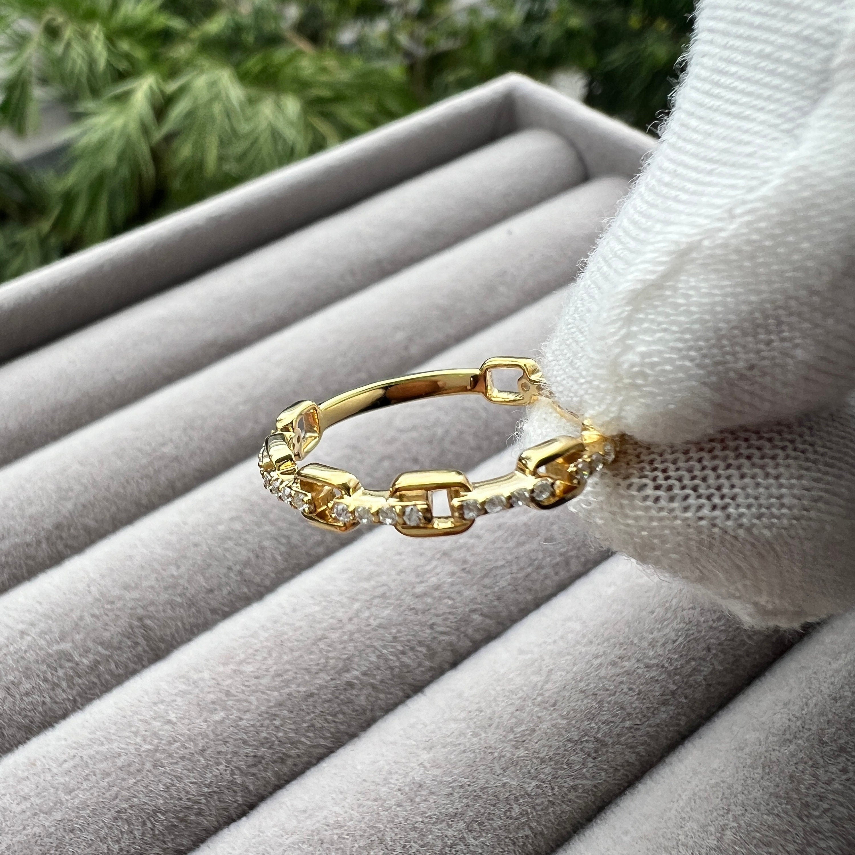 14K Solid Gold Chain Link Ring – Dainty Stacking Band With EF VS/SI Lab-Grown Diamonds | Minimalist Handmade Gift
