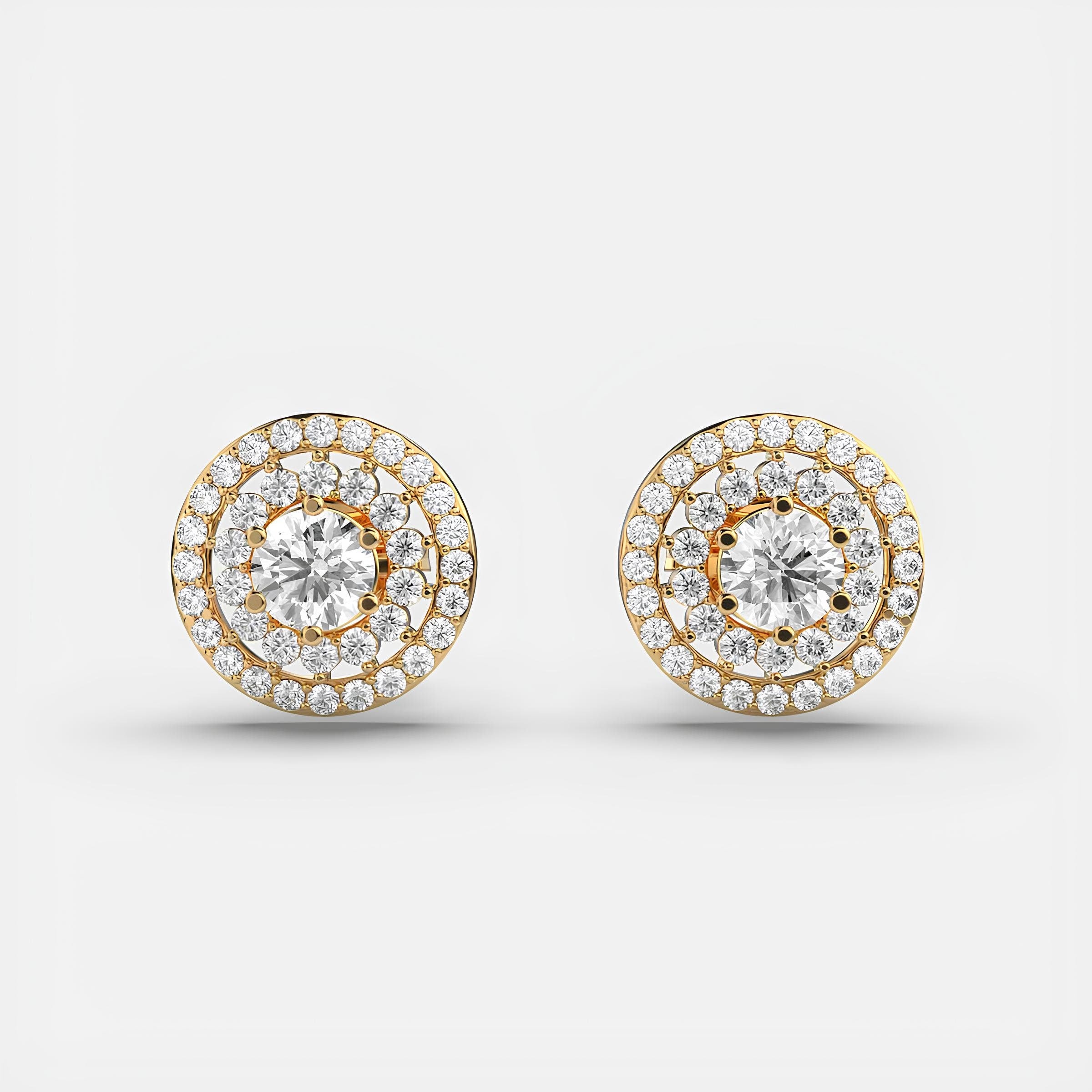 14K Solid Gold Round EF VS/SI Lab Grown Diamond Double Halo Stud Earrings