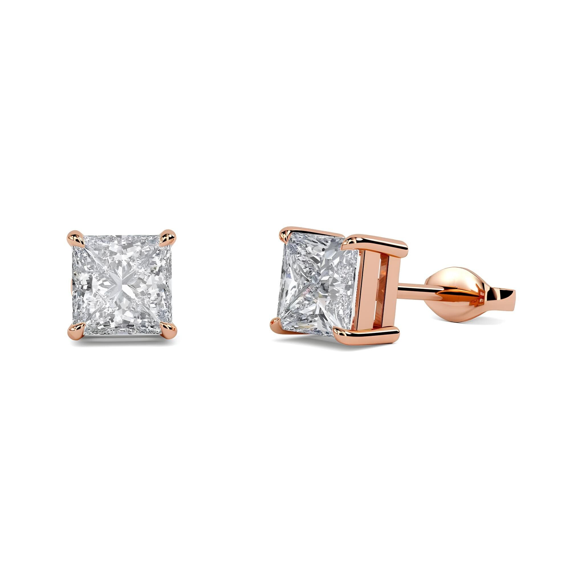 14K Solid Gold Princess Cut Lab-Grown Diamond Stud Earrings EF VS/SI Clarity Push Back Earrings for Women