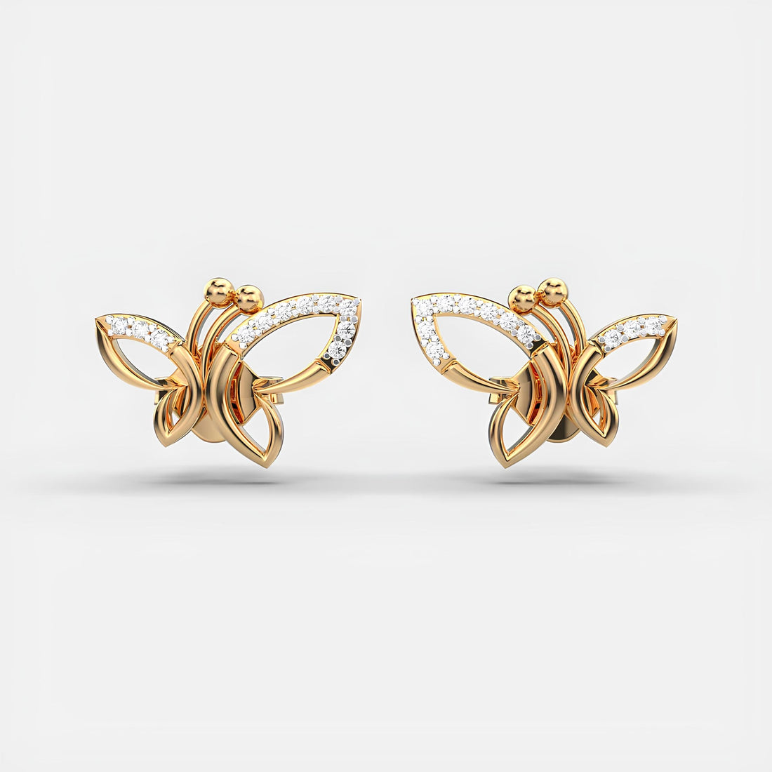 14K Solid Gold Earring / Lab Grown Round Diamond Dancing Butterflies Stud Earrings / Minimal Diamond Stud Earrings, Christmas Gift